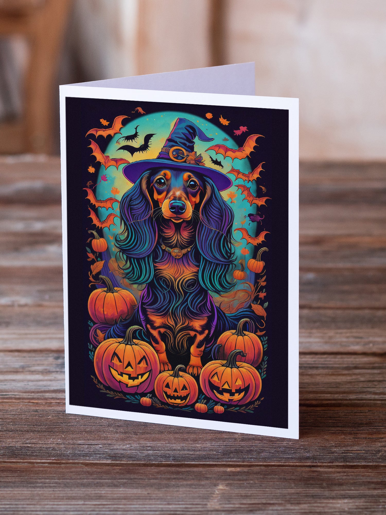 Buy this Longhair Black and Tan Dachshund Witchy Halloween Greeting Cards and Envelopes Pack of 8