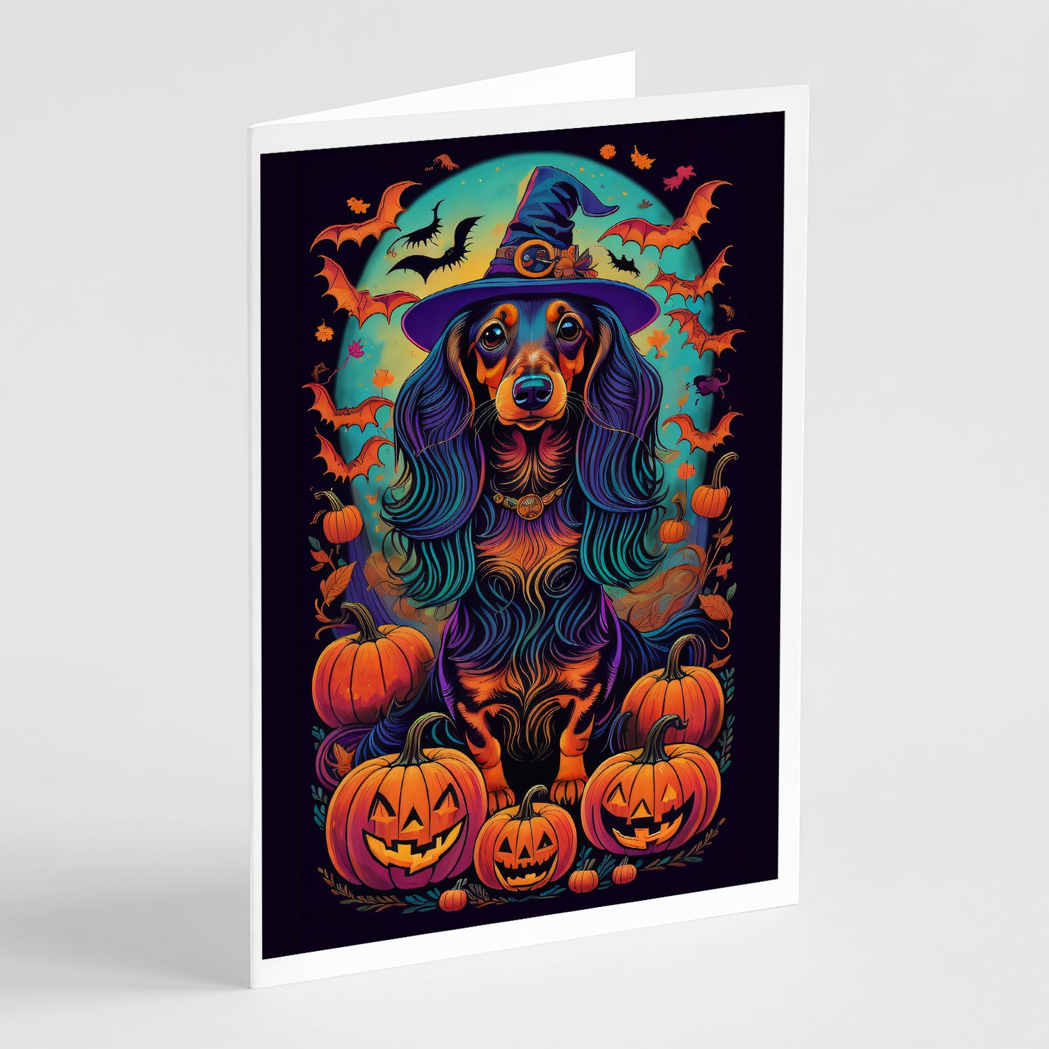 Buy this Longhair Black and Tan Dachshund Witchy Halloween Greeting Cards and Envelopes Pack of 8