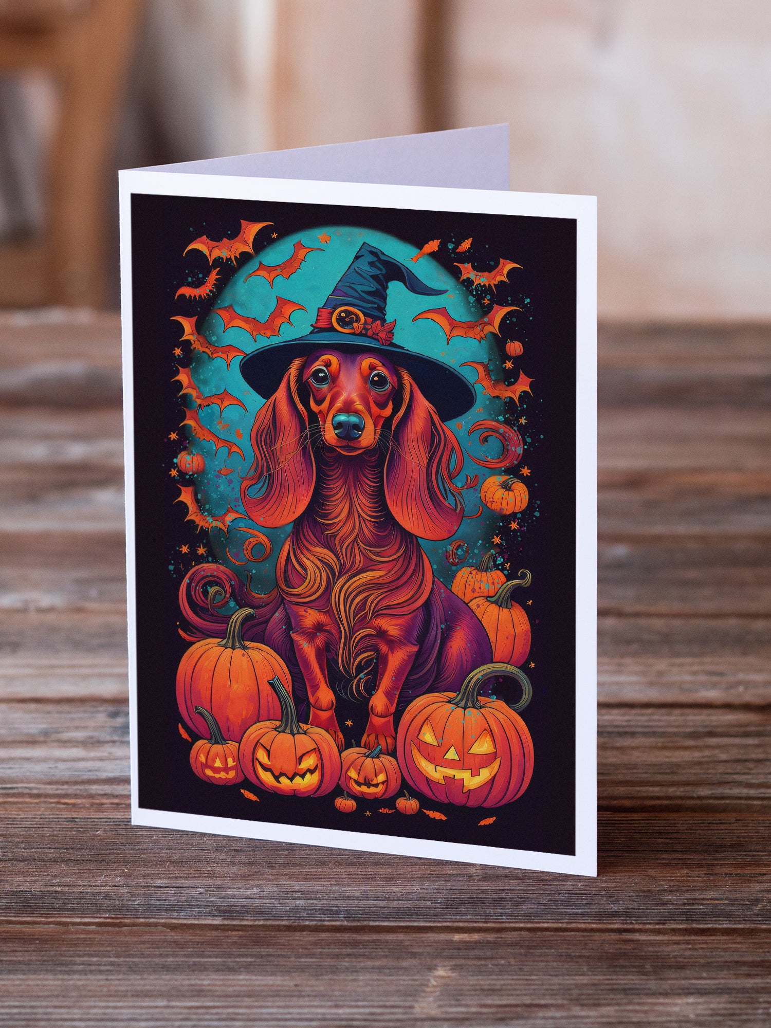 Buy this Longhair Dachshund Witchy Halloween Greeting Cards and Envelopes Pack of 8
