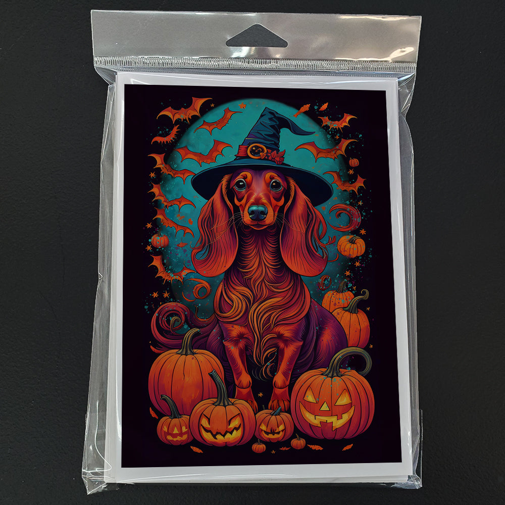 Longhair Dachshund Witchy Halloween Greeting Cards and Envelopes Pack of 8