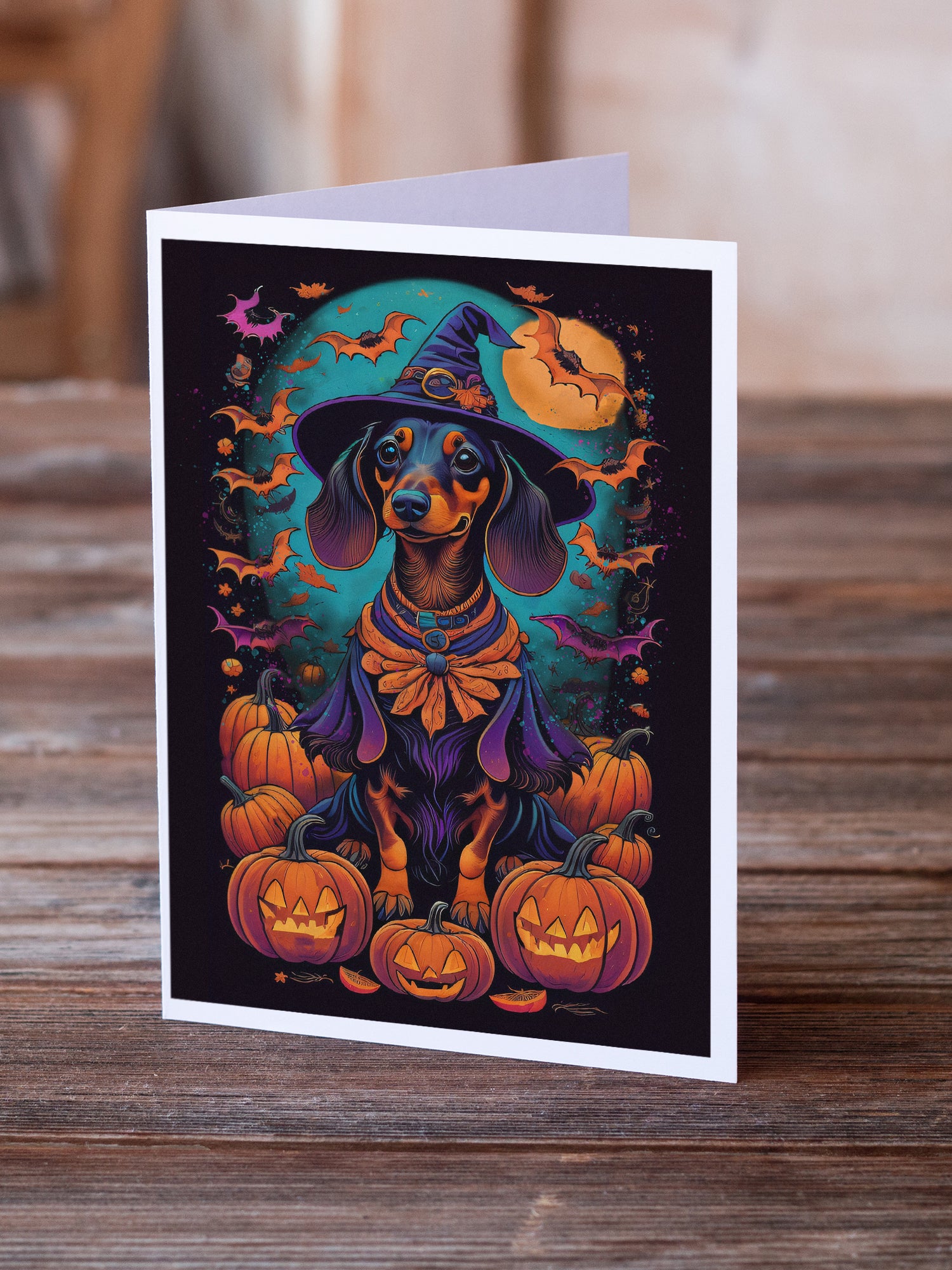 Black and Tan Dachshund Witchy Halloween Greeting Cards and Envelopes Pack of 8