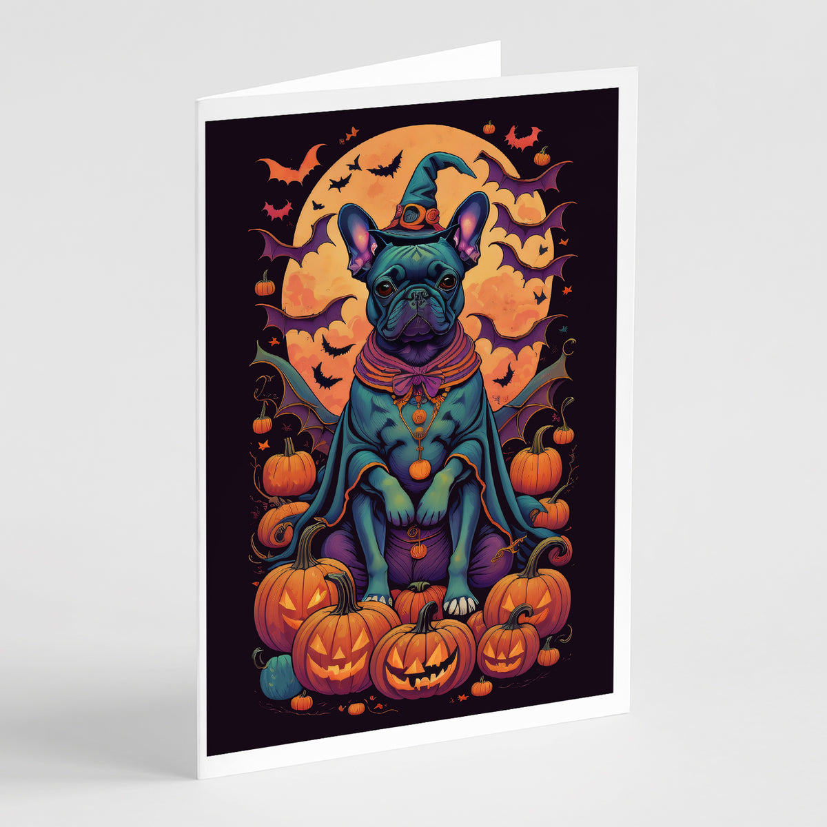 Buy this Black French Bulldog Witchy Halloween Greeting Cards and Envelopes Pack of 8