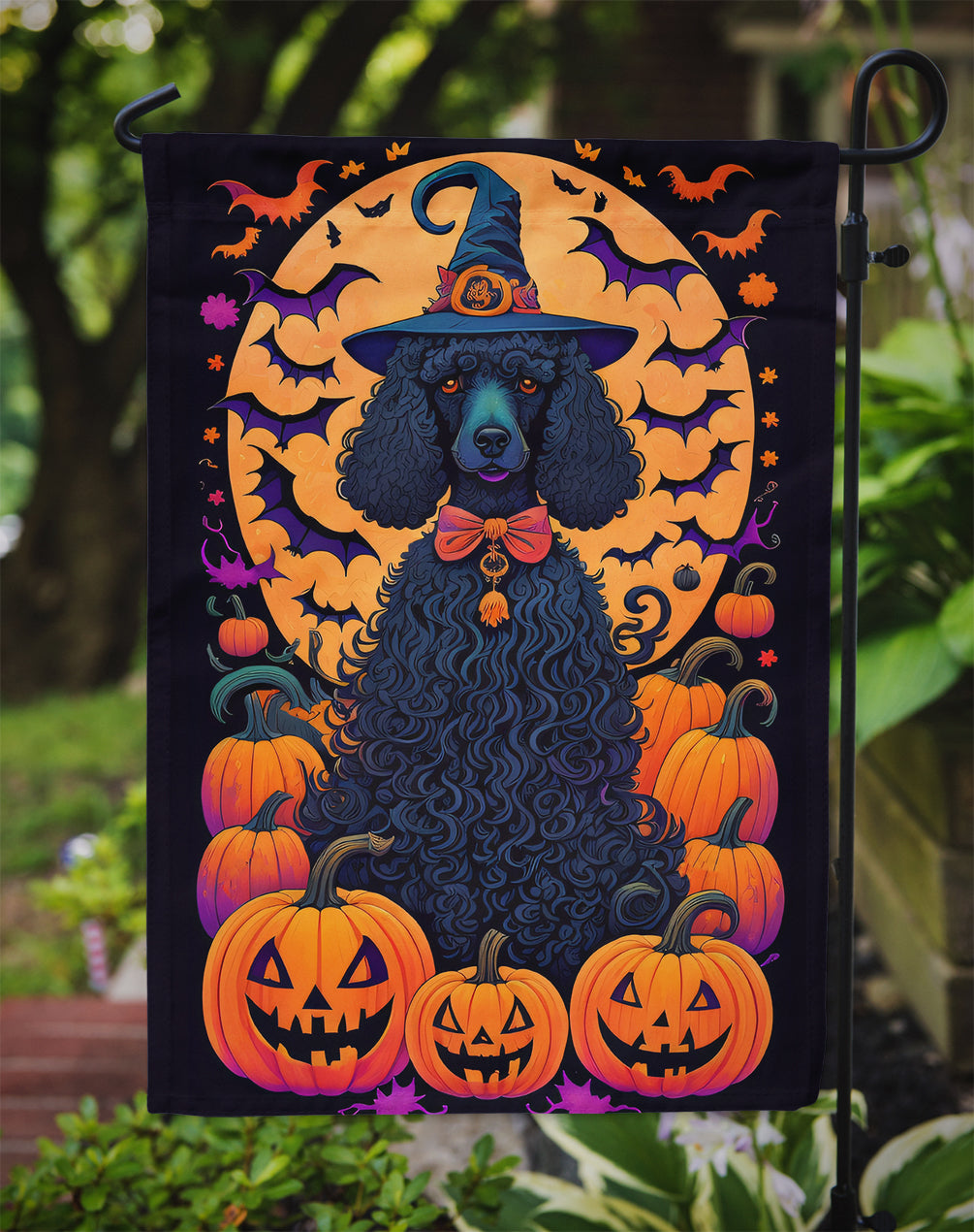 Black Standard Poodle Witchy Halloween Garden Flag