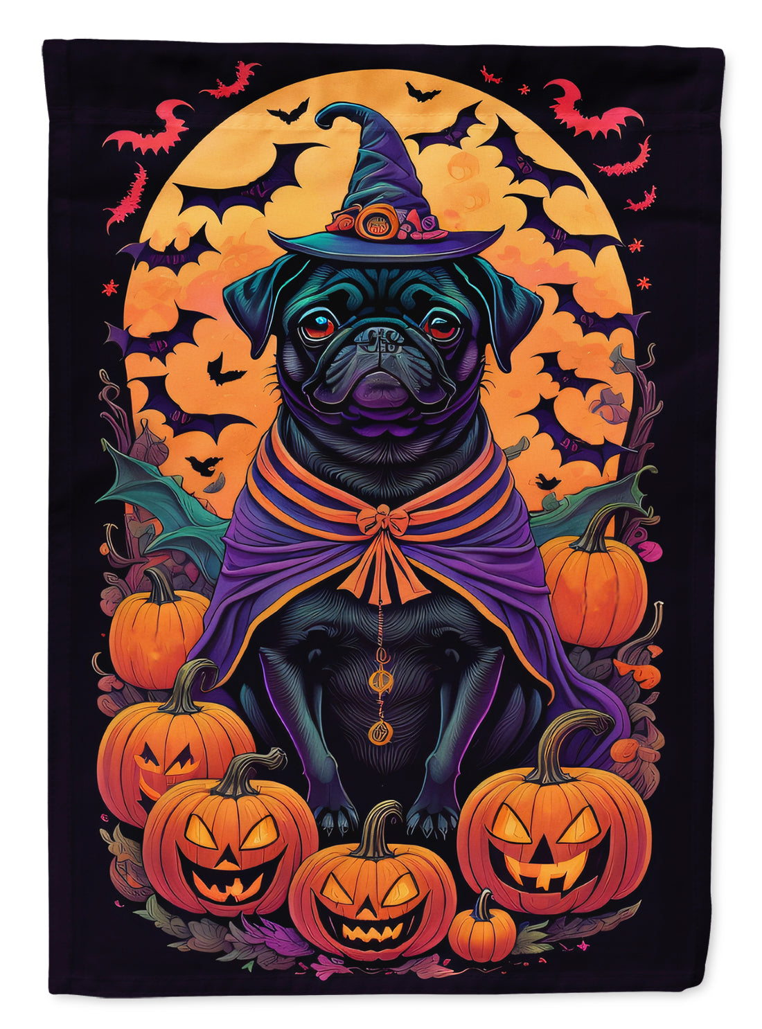 Buy this Black Pug Witchy Halloween House Flag