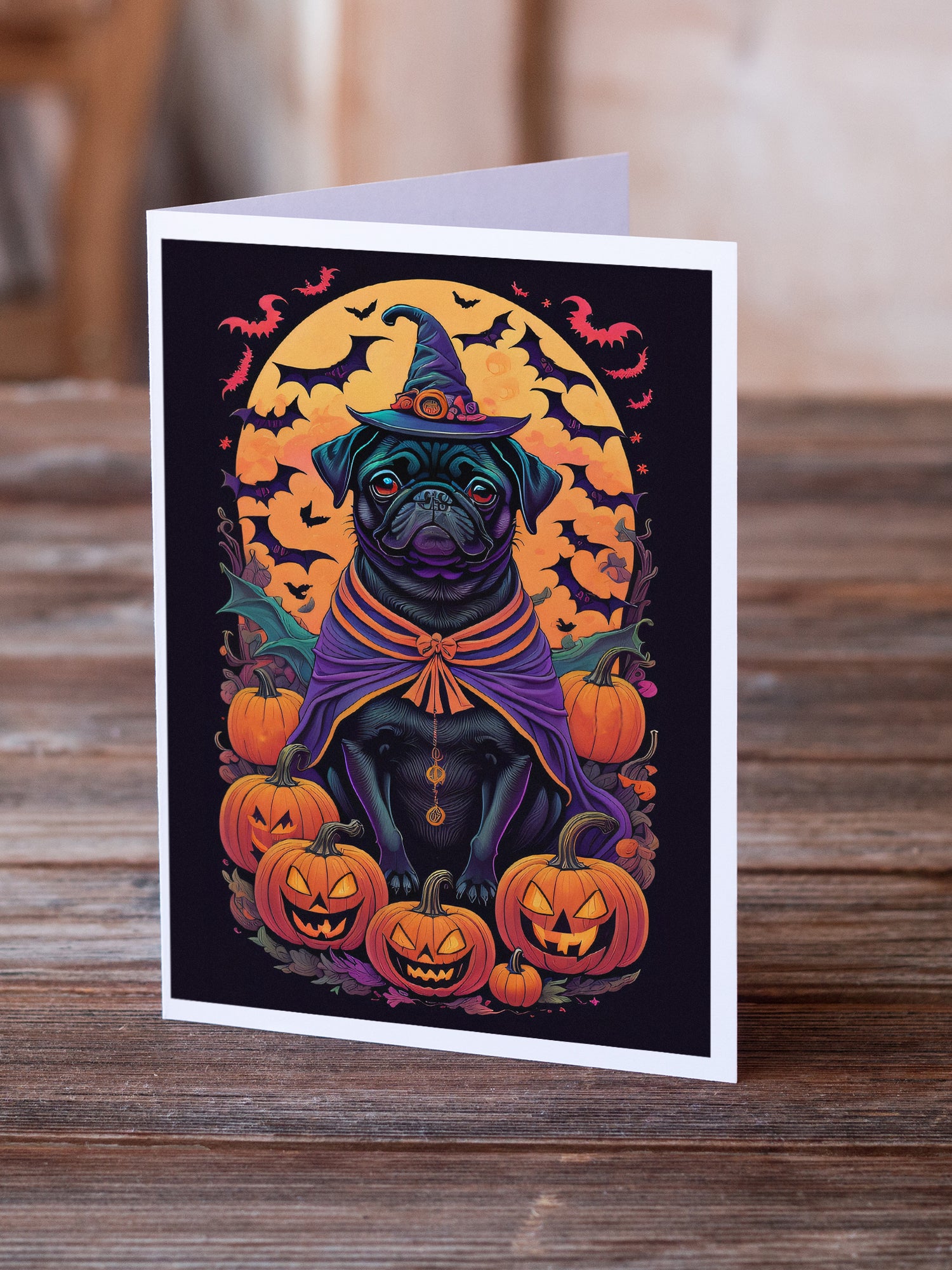 Buy this Black Pug Witchy Halloween Greeting Cards and Envelopes Pack of 8