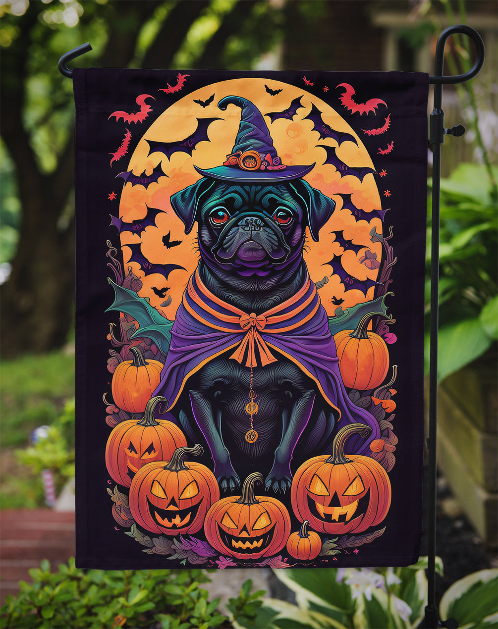Black Pug Witchy Halloween Garden Flag
