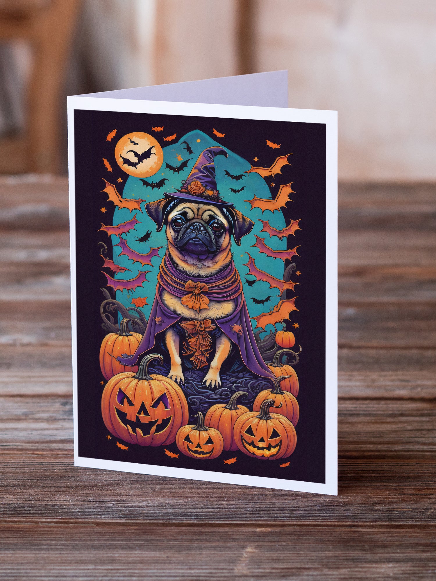 Pug Witchy Halloween Greeting Cards and Envelopes Pack of 8