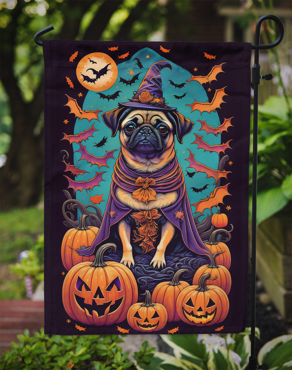 Pug Witchy Halloween Garden Flag