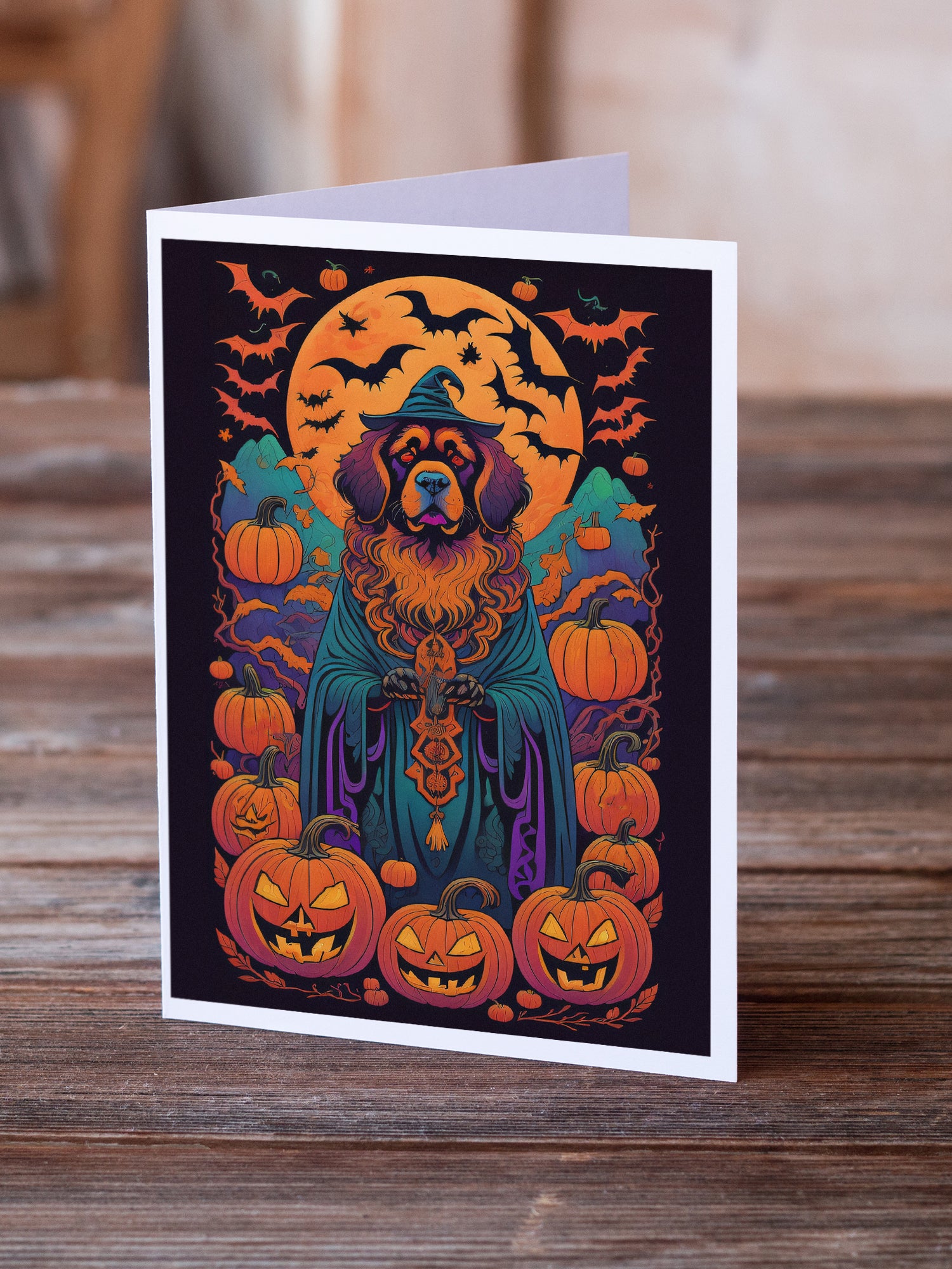 Tibetan Mastiff Witchy Halloween Greeting Cards and Envelopes Pack of 8