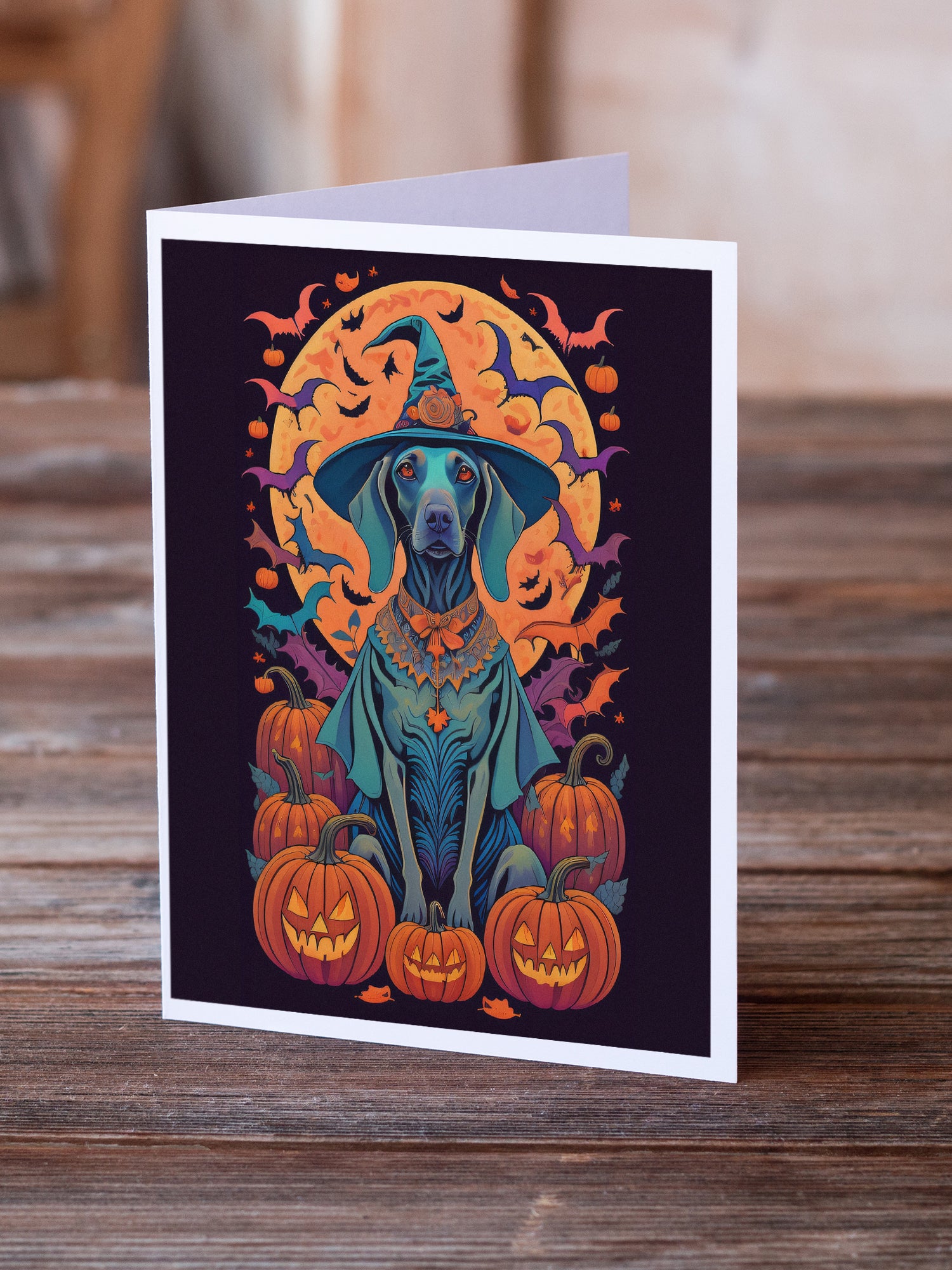 Weimaraner Witchy Halloween Greeting Cards and Envelopes Pack of 8