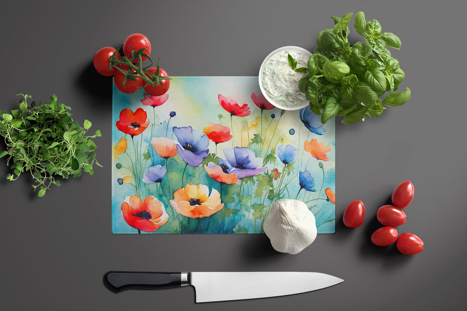 Anemones in Watercolor Glass Cutting Board Large