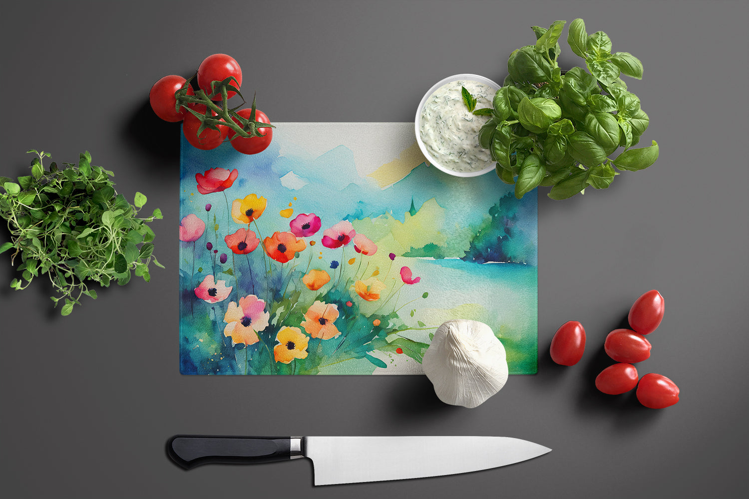 Anemones in Watercolor Glass Cutting Board Large
