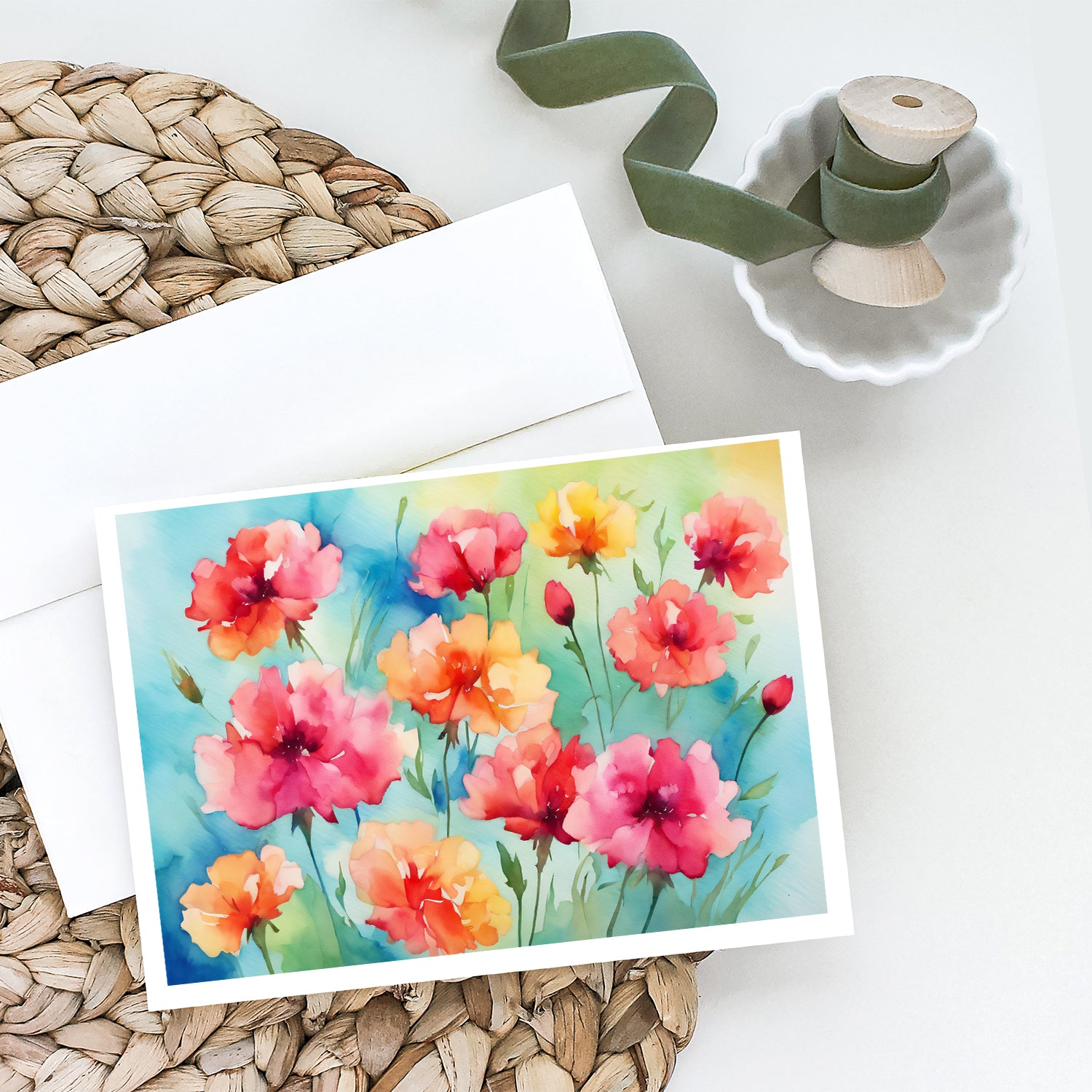 Caroline's Treasures Carnations in Watercolor Greeting Cards - Blank Note Cards – 8-Pack of Artist-Designed Cards with Envelopes