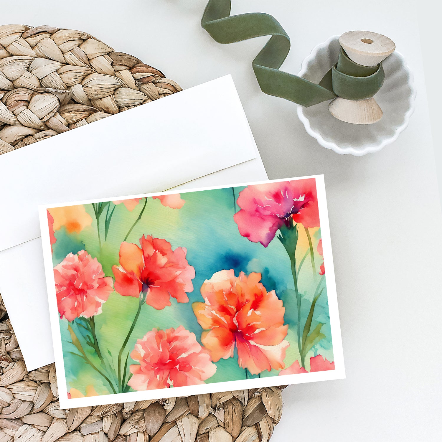 Caroline's Treasures Carnations in Watercolor Greeting Cards - Blank Note Cards – 8-Pack of Artist-Designed Cards with Envelopes