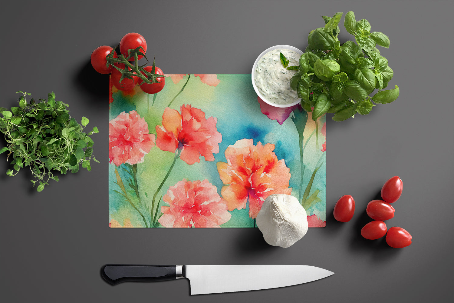 Carnations in Watercolor Glass Cutting Board Large