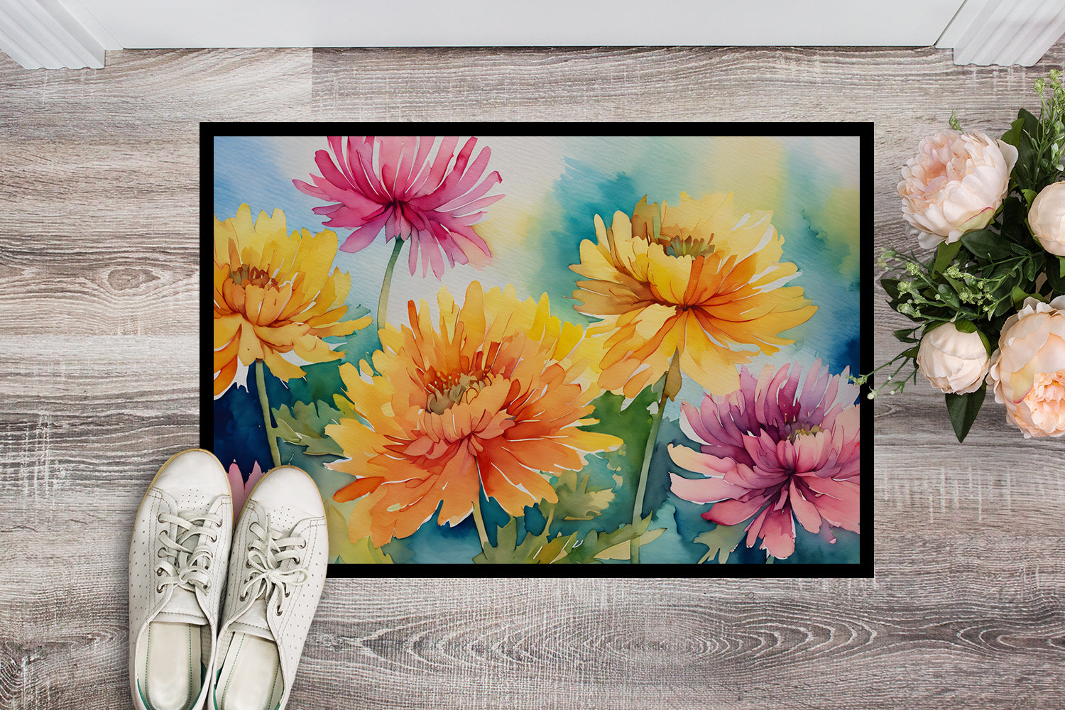 Chrysanthemums in Watercolor Doormat 18x27
