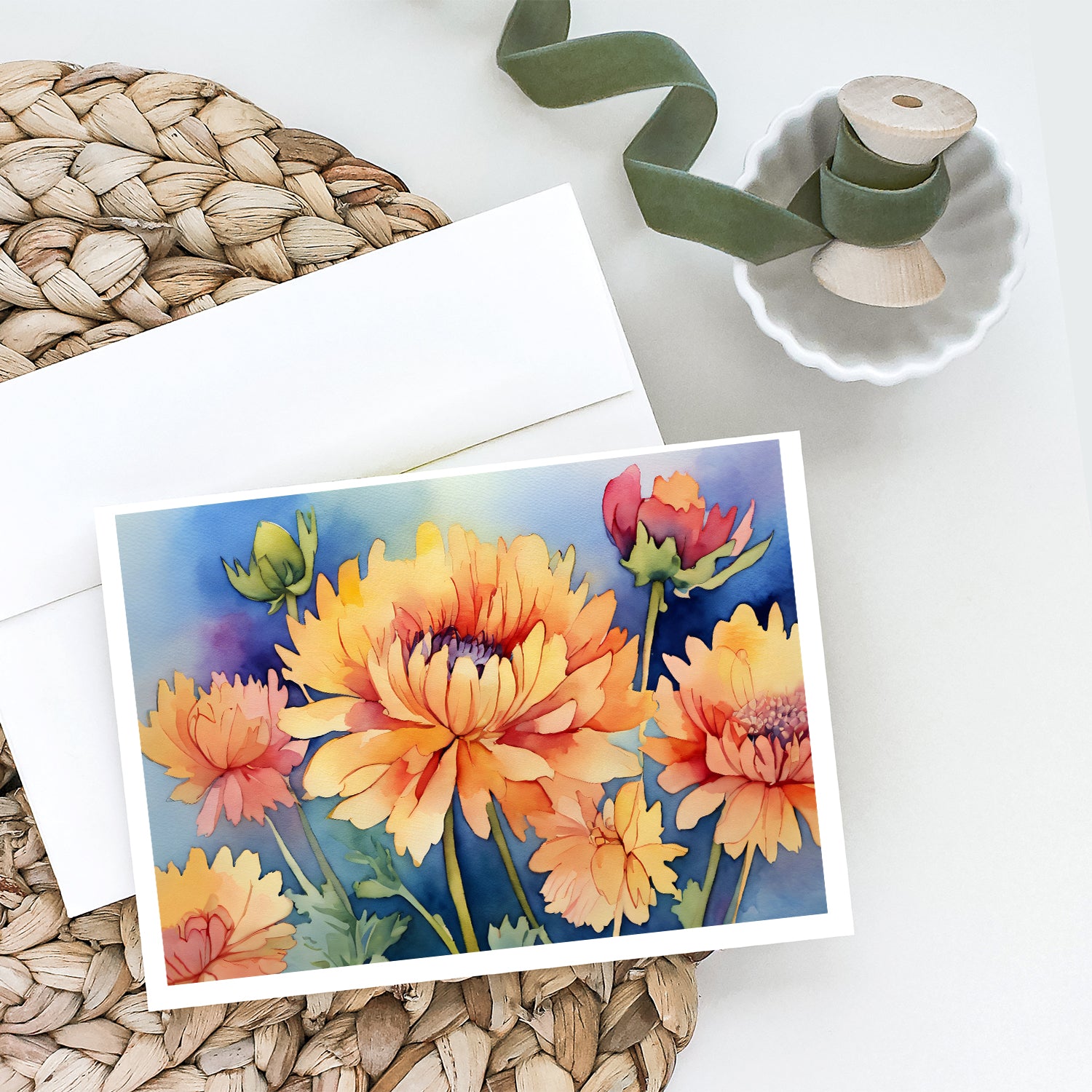 Buy this Chrysanthemums in Watercolor Greeting Cards and Envelopes Pack of 8