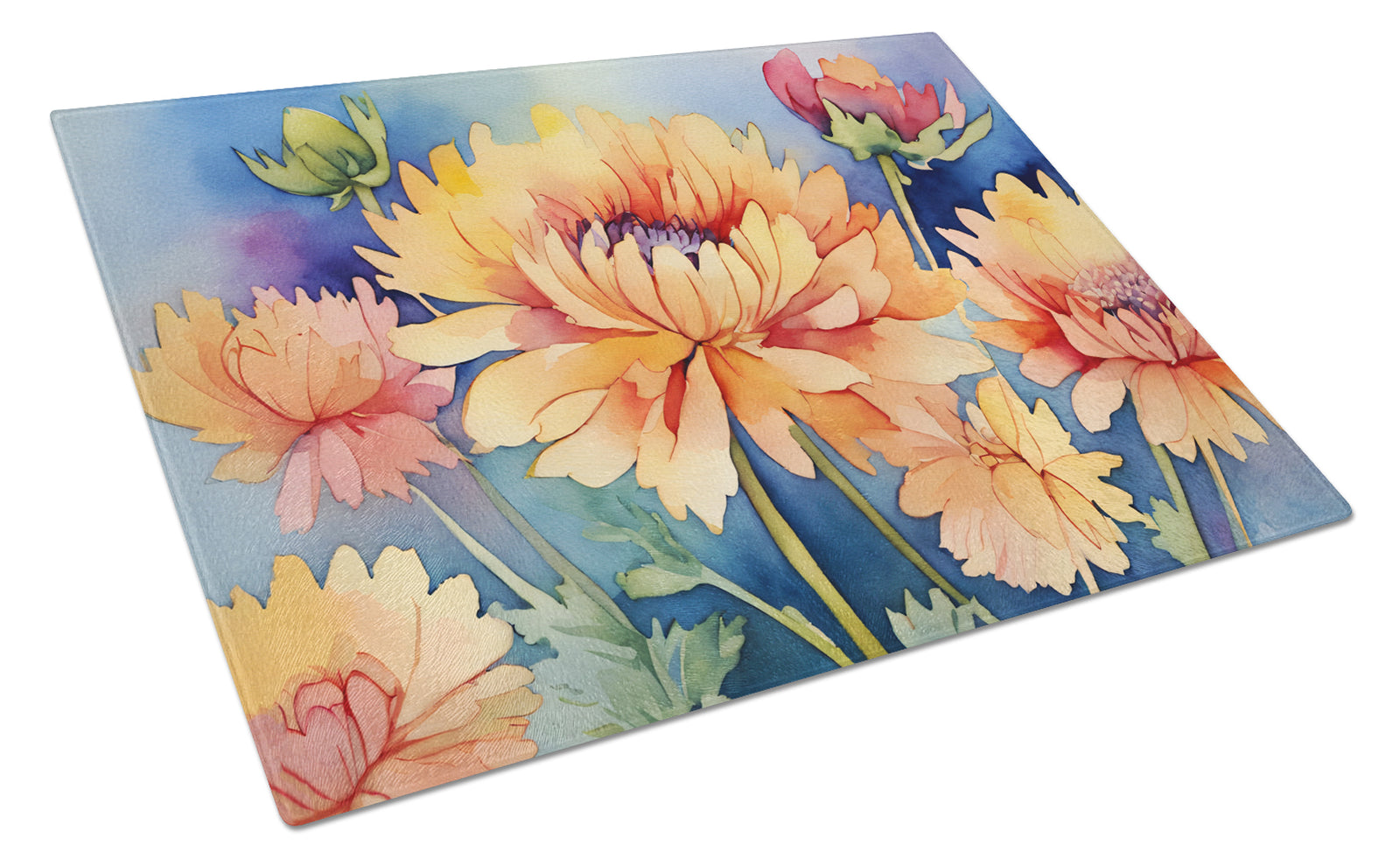 Buy this Chrysanthemums in Watercolor Glass Cutting Board Large