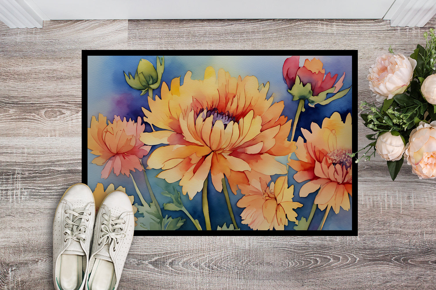 Chrysanthemums in Watercolor Doormat 18x27