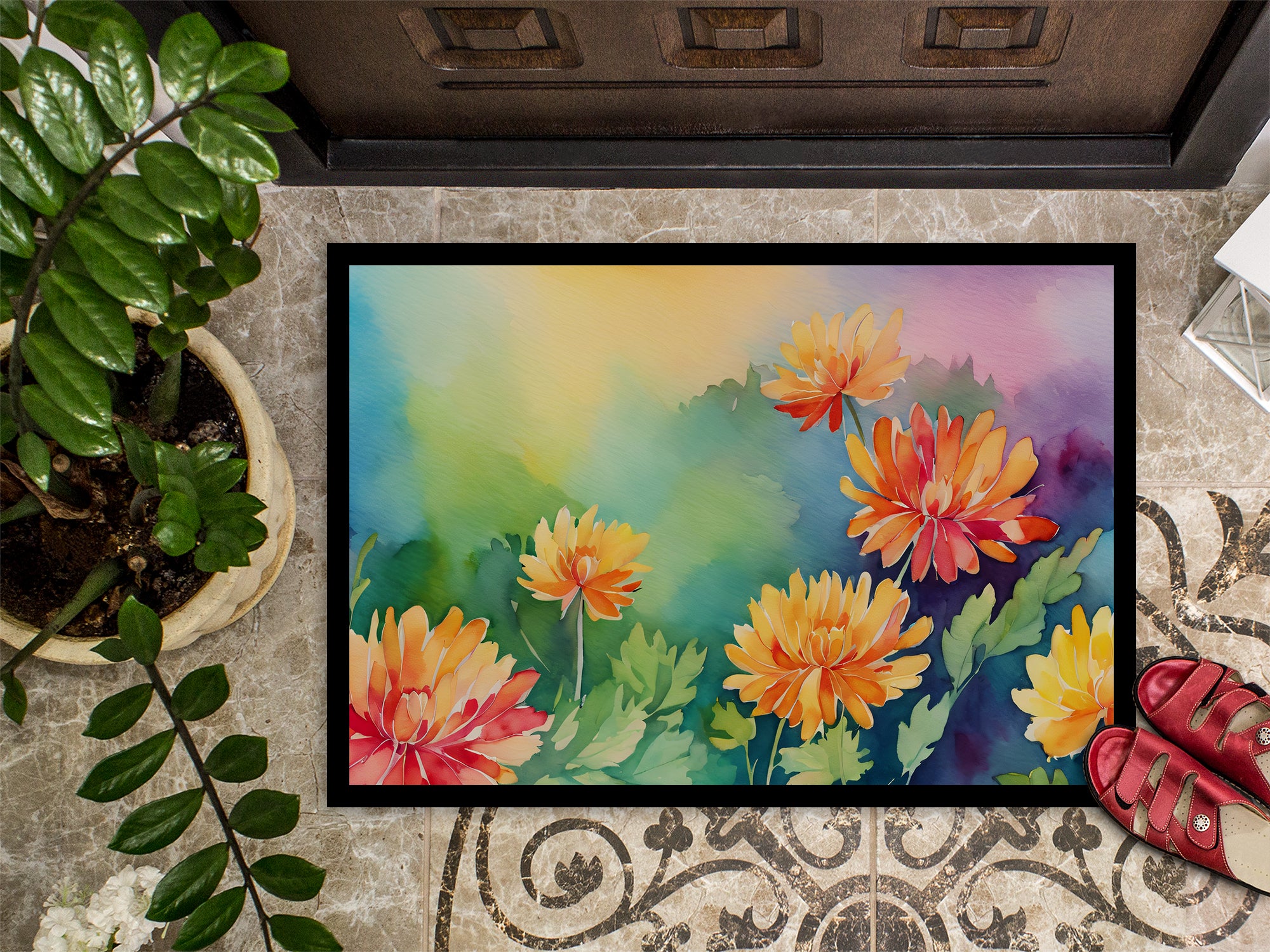 Chrysanthemums in Watercolor Indoor or Outdoor Mat 24x36