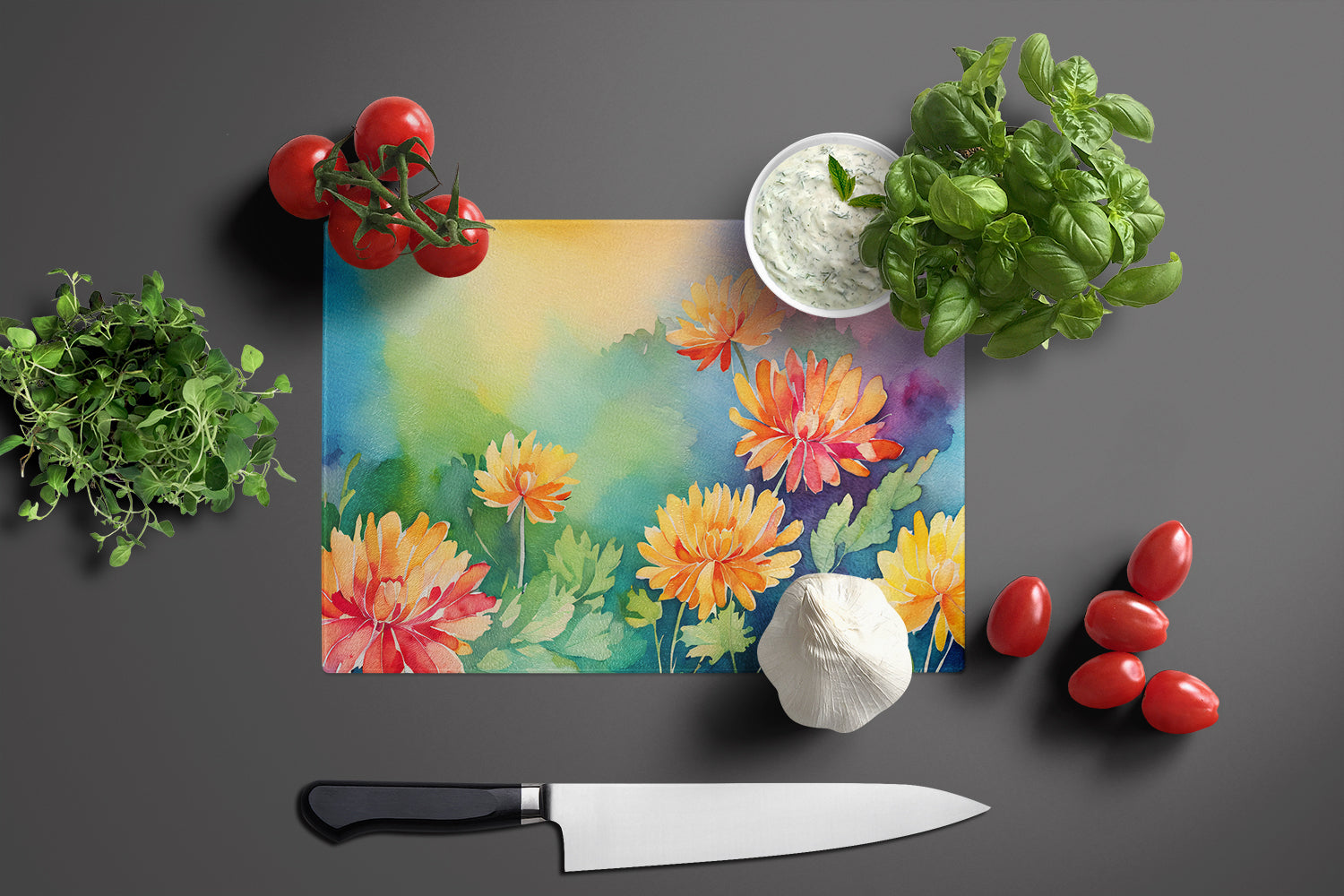 Chrysanthemums in Watercolor Glass Cutting Board Large