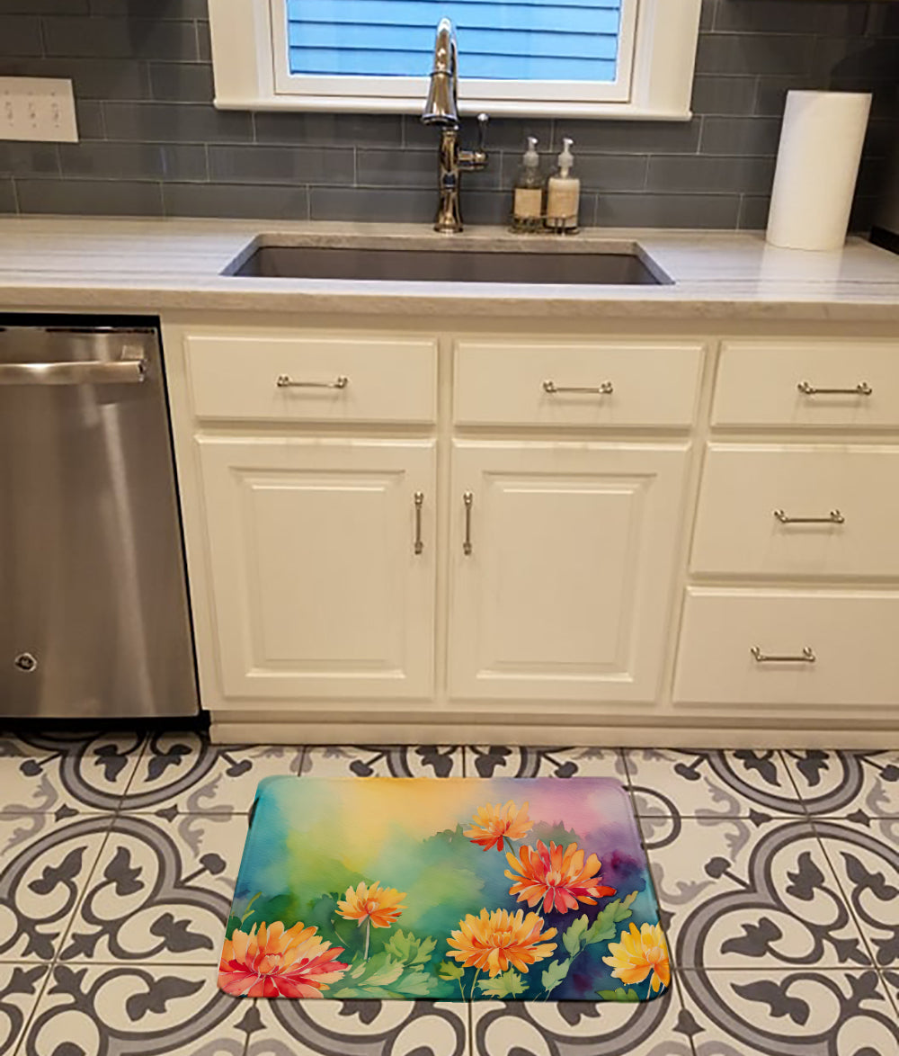 Chrysanthemums in Watercolor Memory Foam Kitchen Mat
