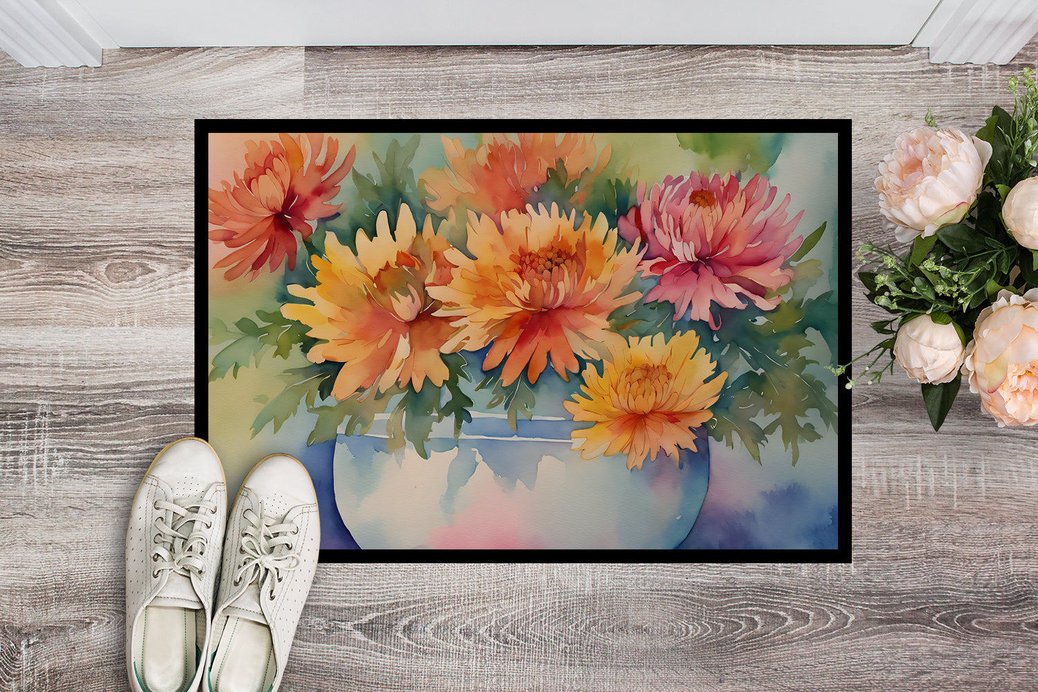 Chrysanthemums in Watercolor Indoor or Outdoor Mat 24x36