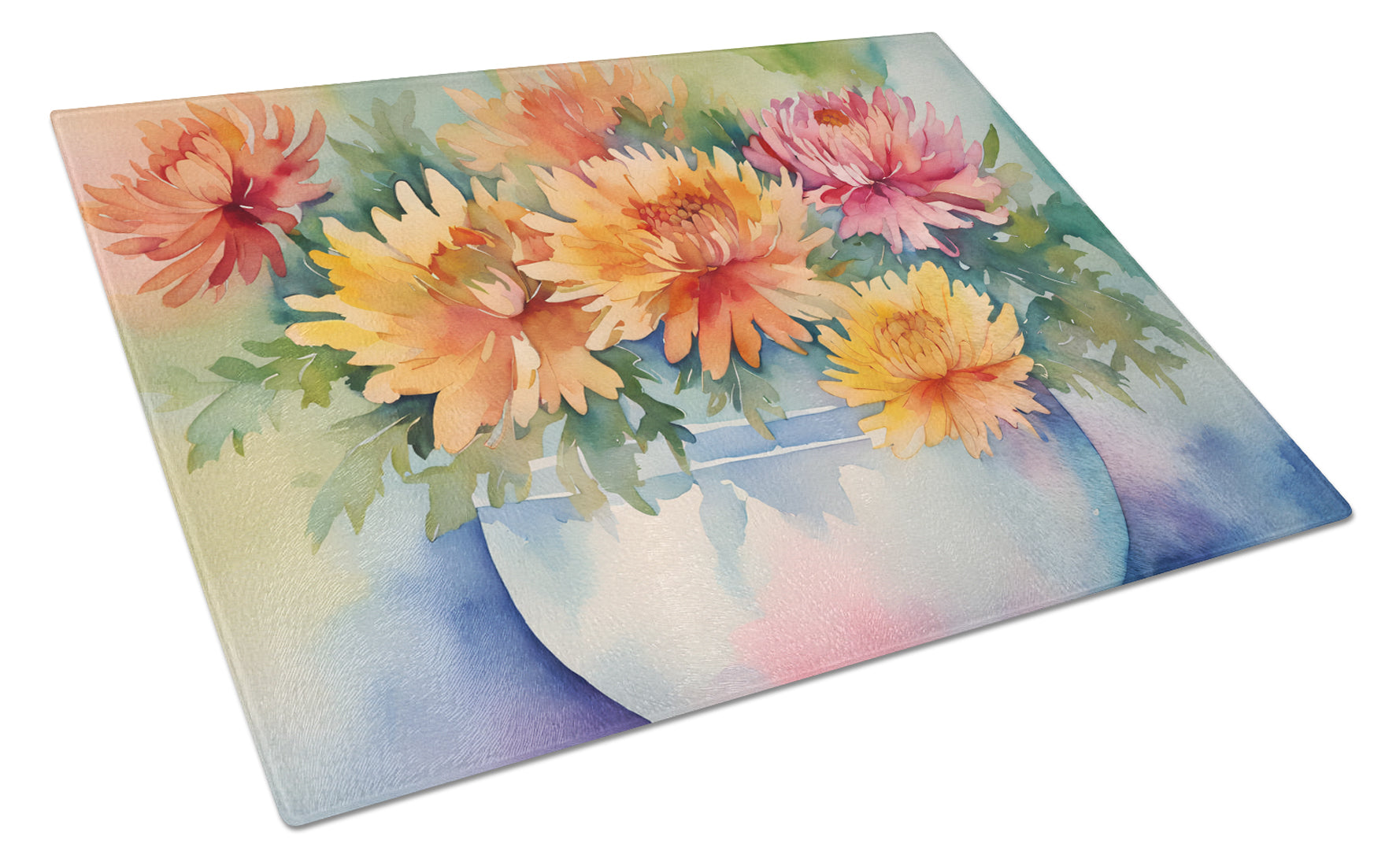 Buy this Chrysanthemums in Watercolor Glass Cutting Board Large
