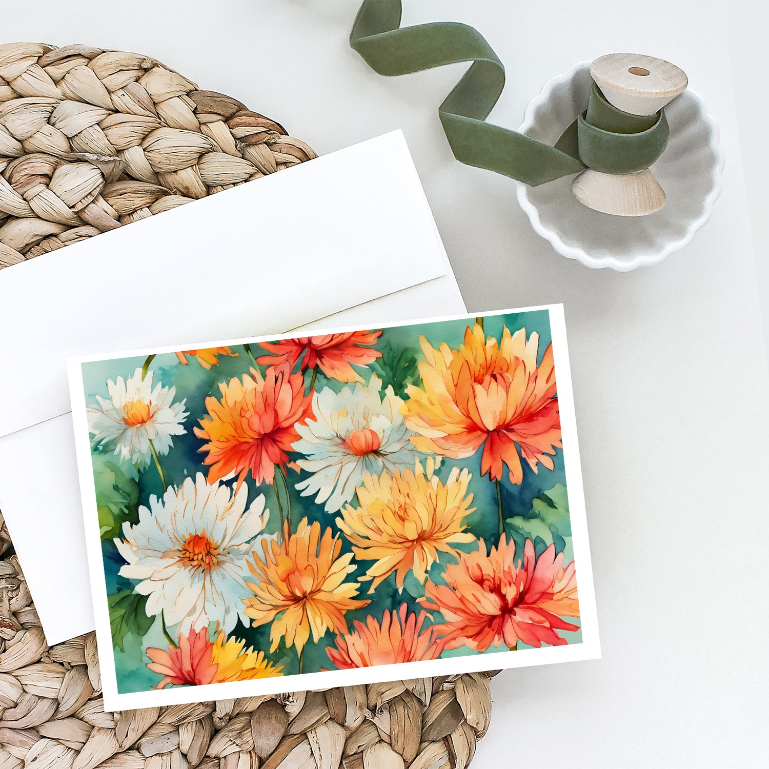 Chrysanthemums in Watercolor Greeting Cards and Envelopes Pack of 8