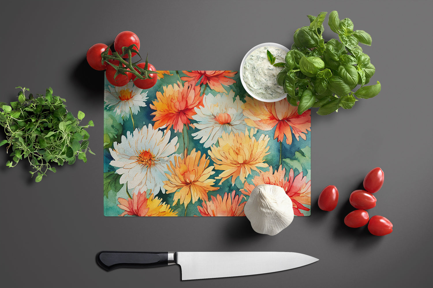 Chrysanthemums in Watercolor Glass Cutting Board Large