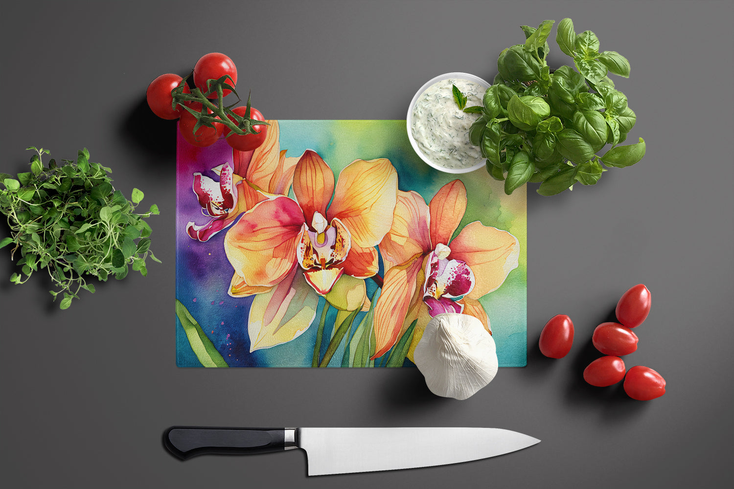 Orchids in Watercolor Glass Cutting Board Large