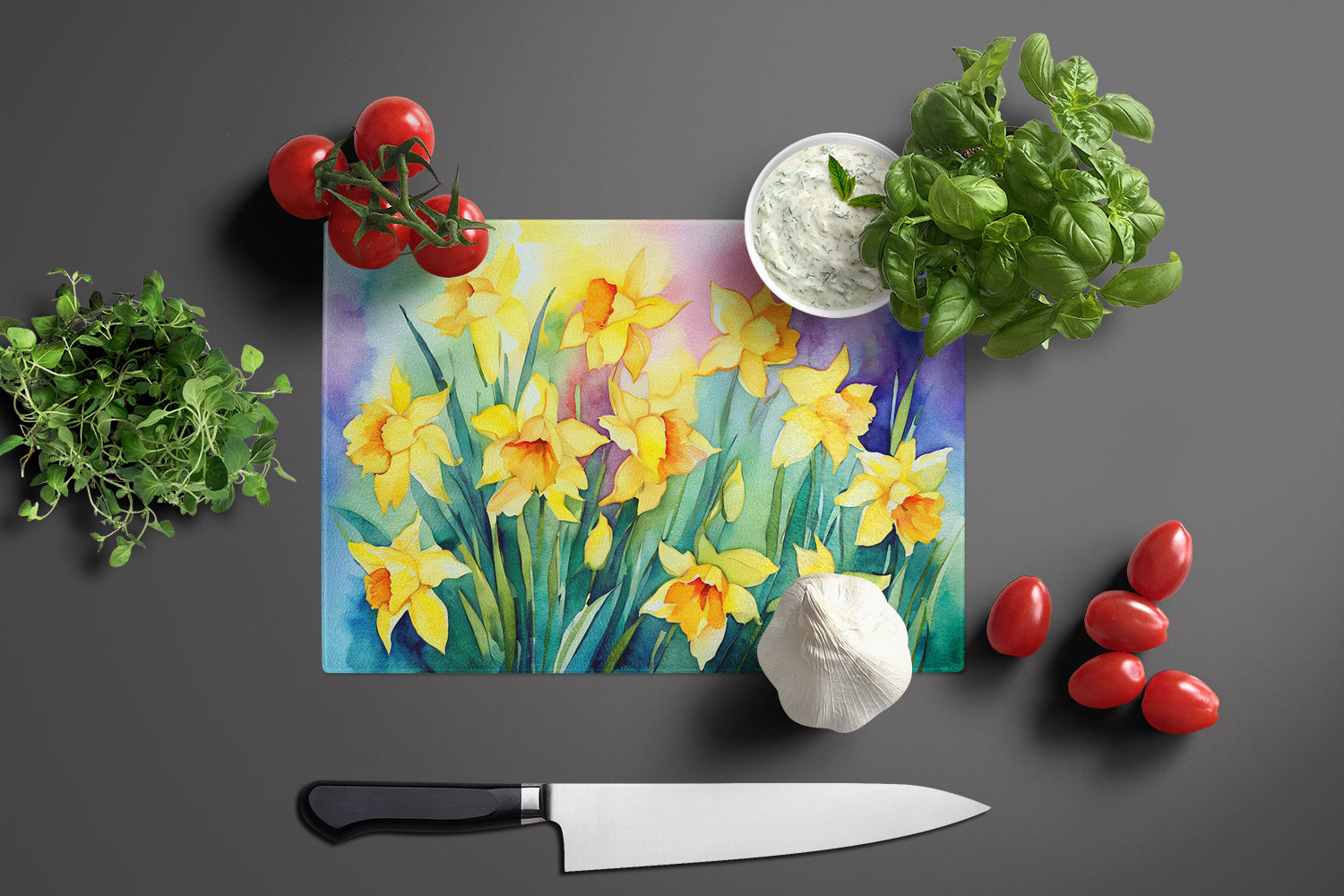 Daffodils in Watercolor Glass Cutting Board Large