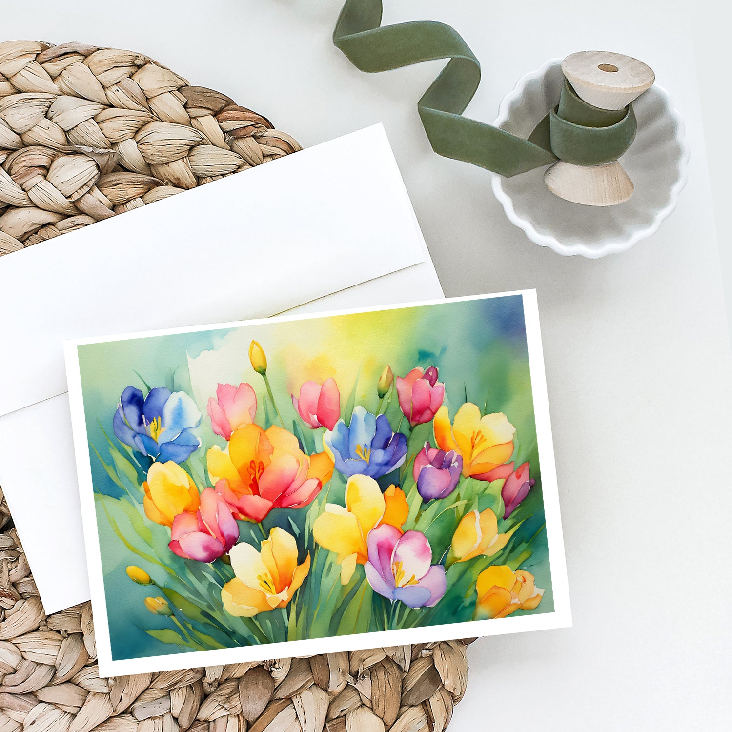 Buy this Freesias in Watercolor Greeting Cards and Envelopes Pack of 8