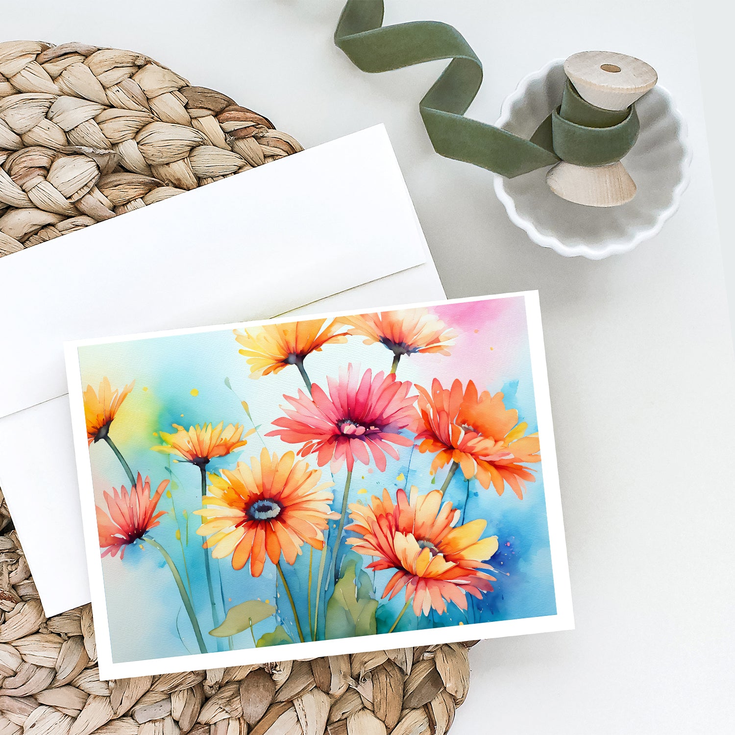 Gerbera Daisies in Watercolor Greeting Cards and Envelopes Pack of 8