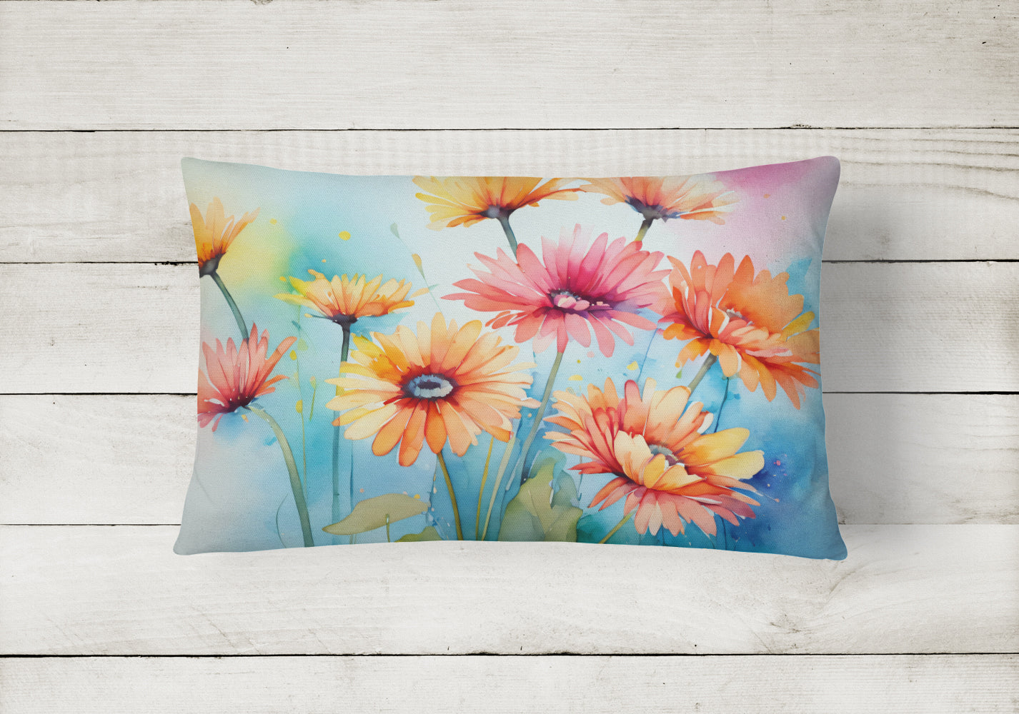 Gerbera Daisies in Watercolor Fabric Decorative Pillow