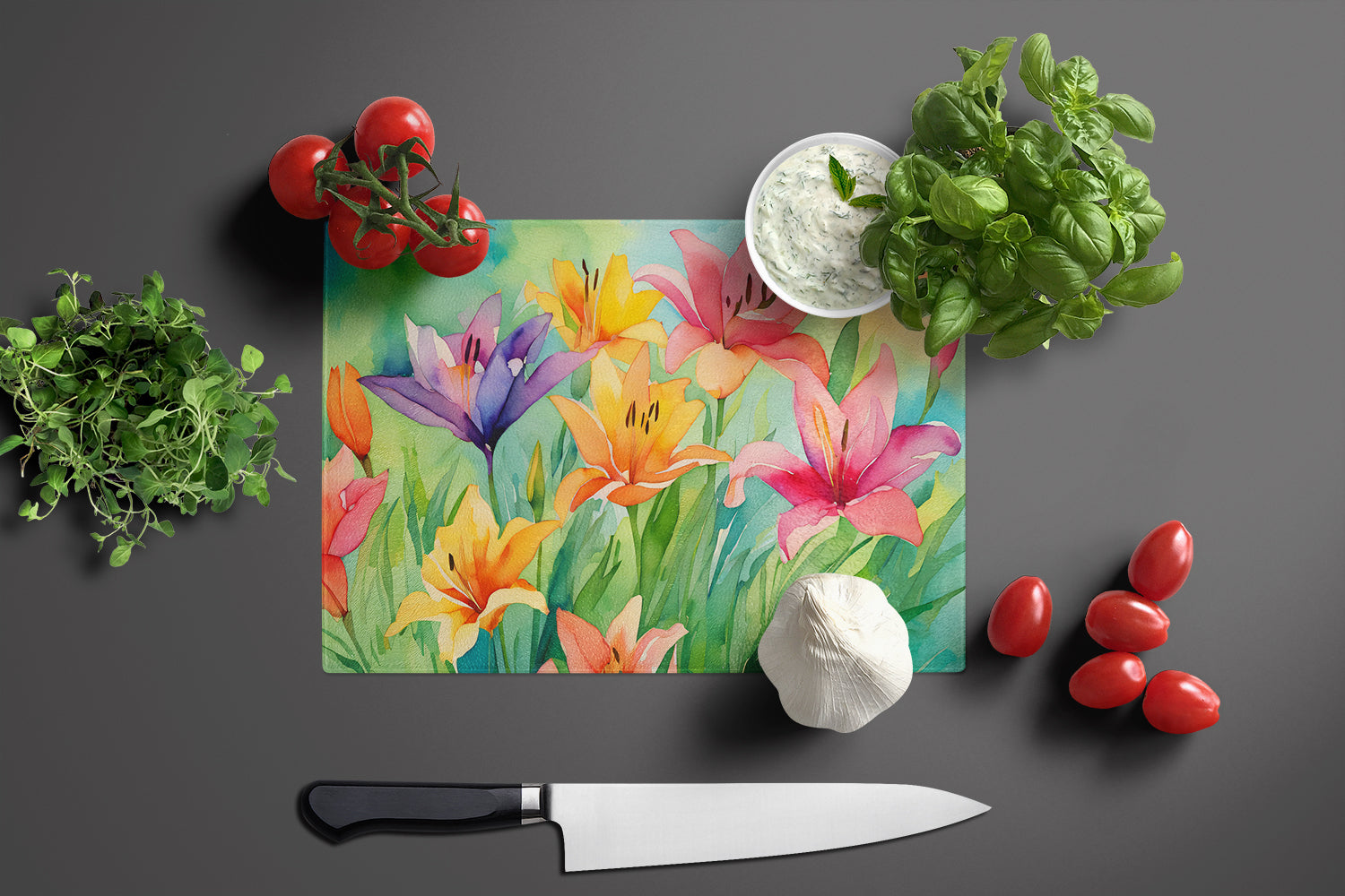 Lilies in Watercolor Glass Cutting Board Large