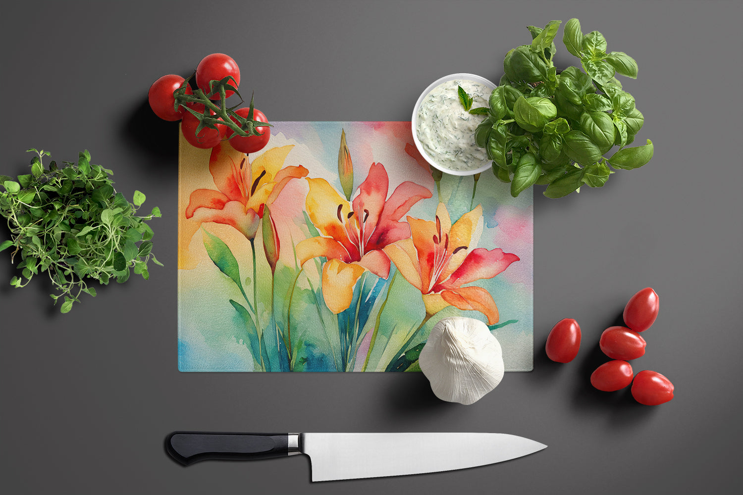 Lilies in Watercolor Glass Cutting Board Large