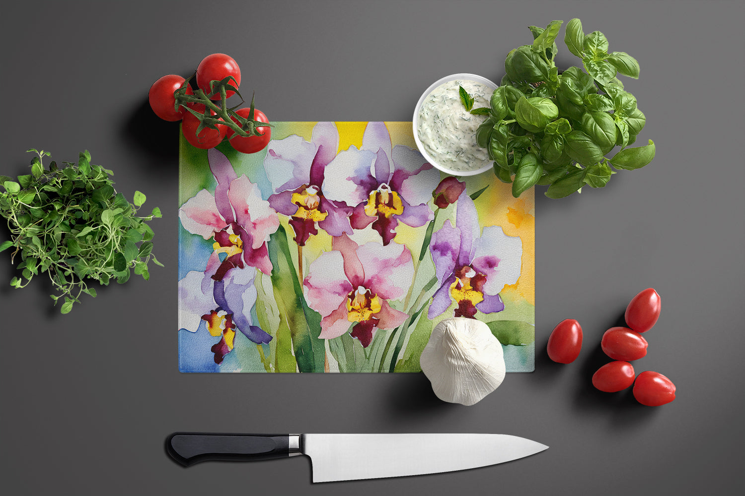Orchids in Watercolor Glass Cutting Board Large