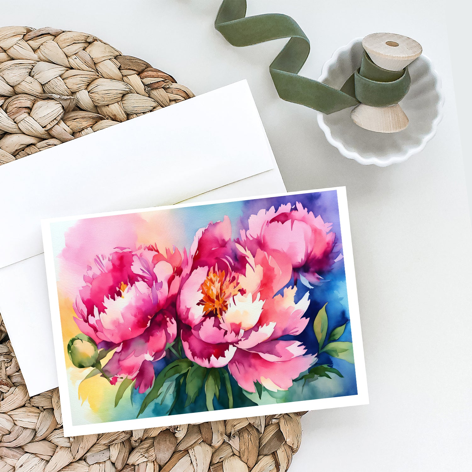 Peonies in Watercolor Greeting Cards and Envelopes Pack of 8