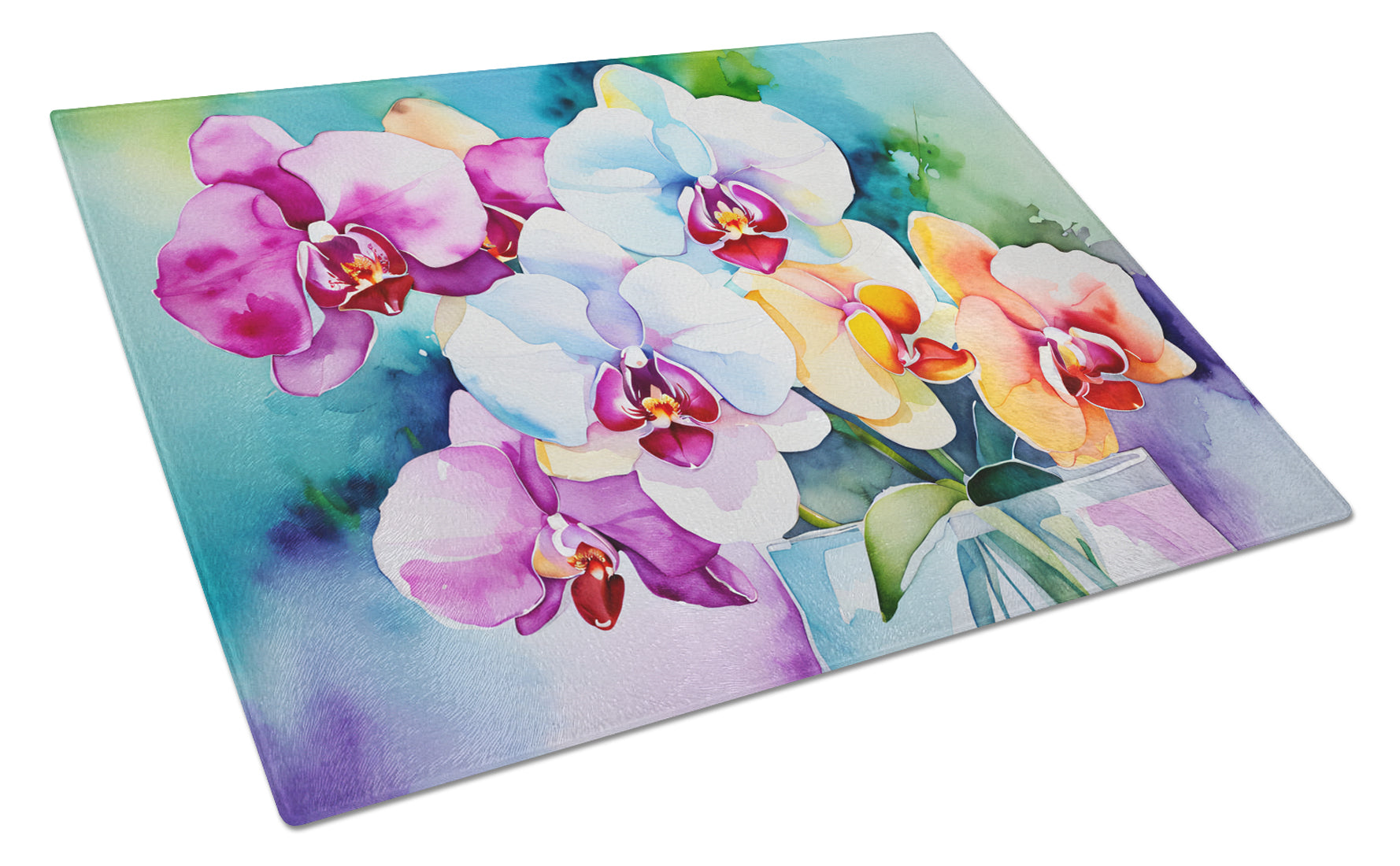 Buy this Orchids in Watercolor Glass Cutting Board Large