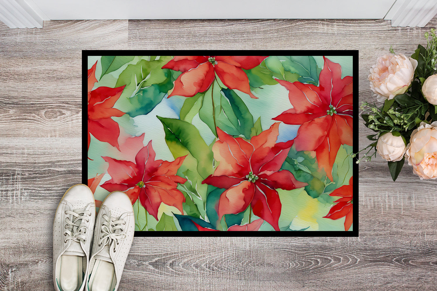 Buy this Poinsettias in Watercolor Indoor or Outdoor Mat 24x36