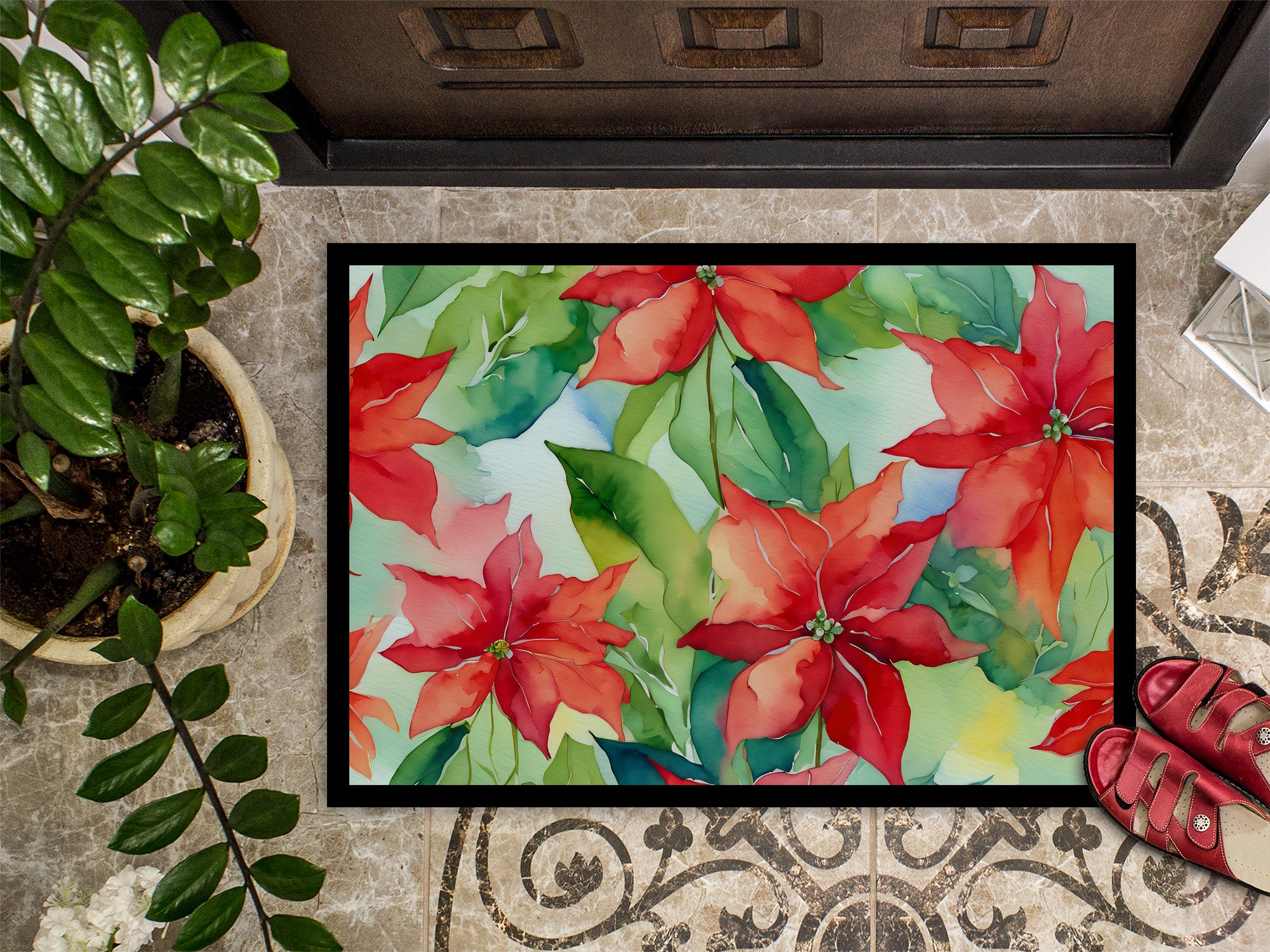 Poinsettias in Watercolor Indoor or Outdoor Mat 24x36