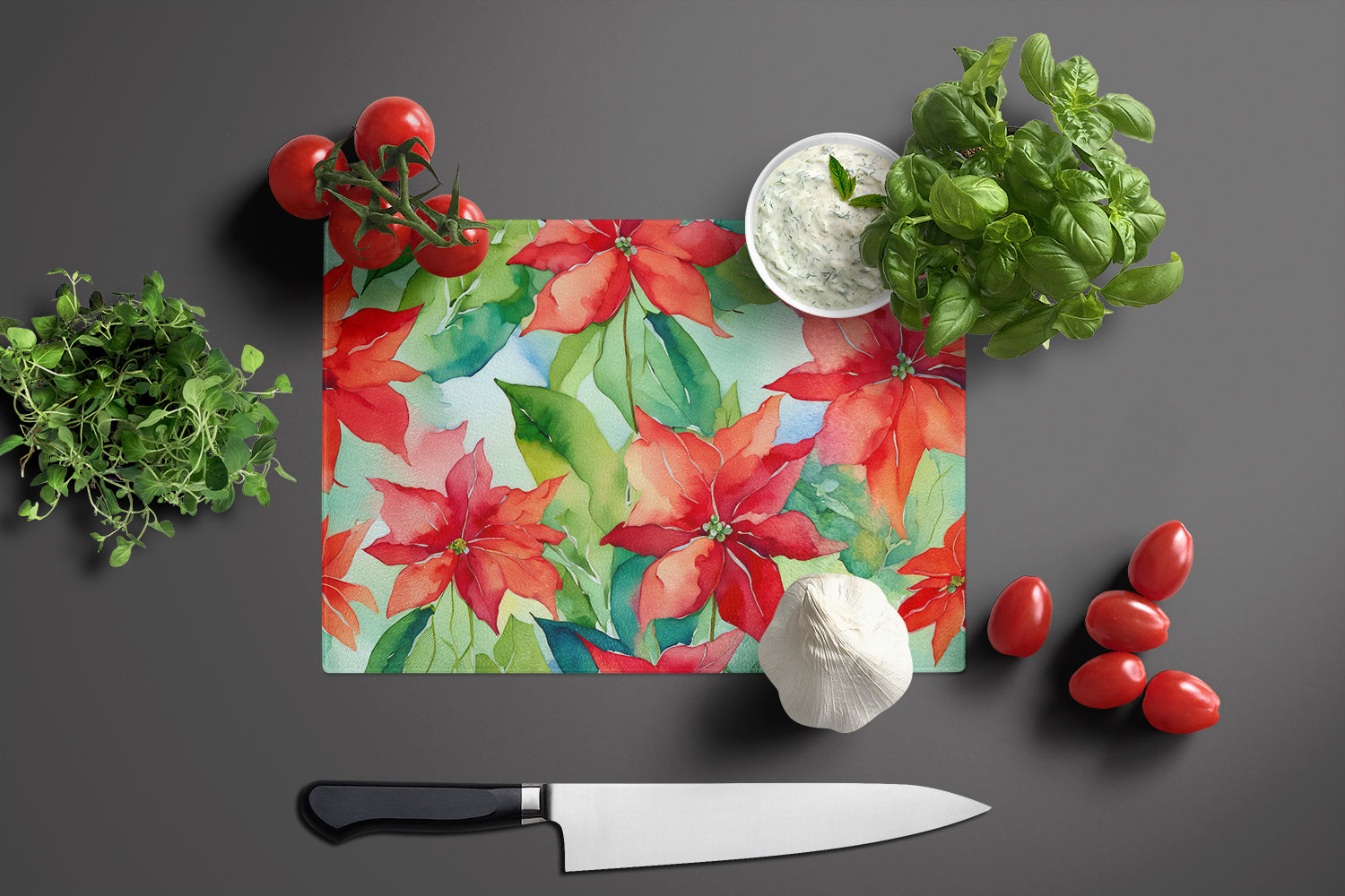 Poinsettias in Watercolor Glass Cutting Board Large