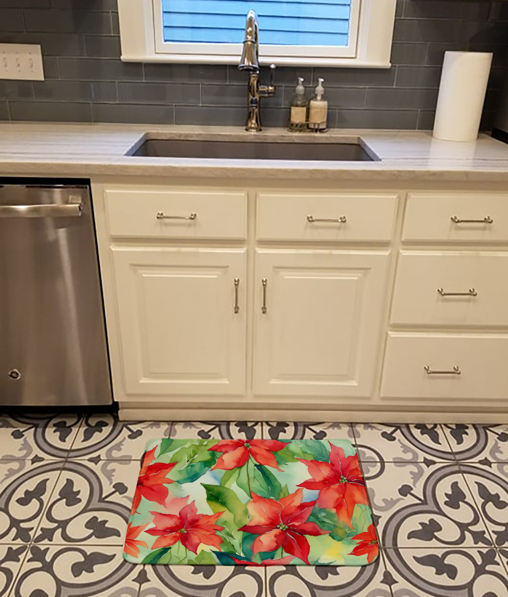 Poinsettias in Watercolor Memory Foam Kitchen Mat