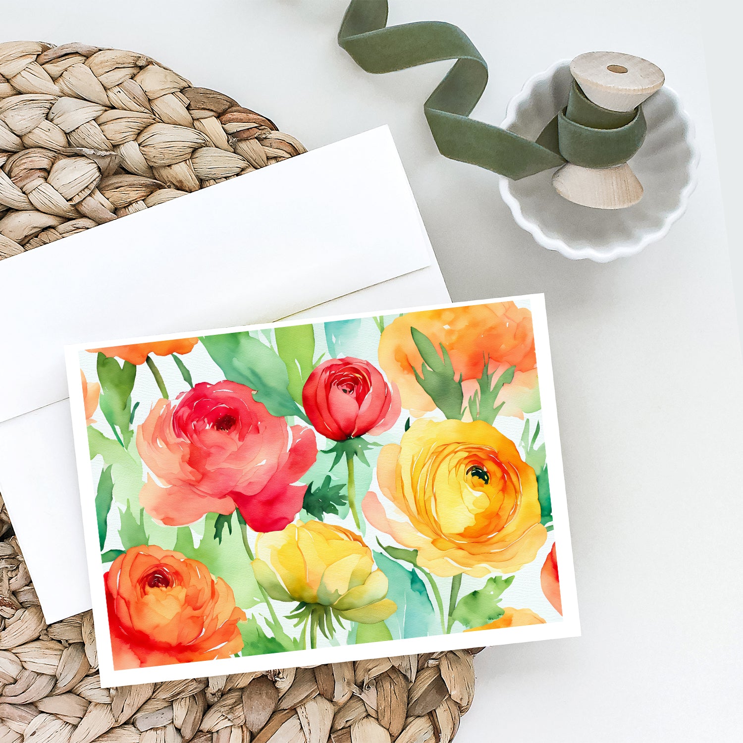 Ranunculus in Watercolor Greeting Cards and Envelopes Pack of 8