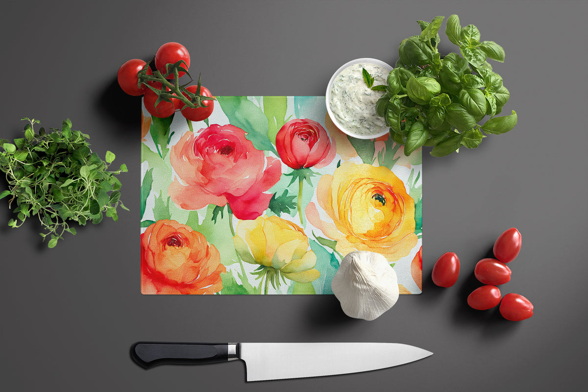Caroline's Treasures Ranunculus in Watercolor Glass Cutting Boards – Durable, Decorative Kitchen Art Large