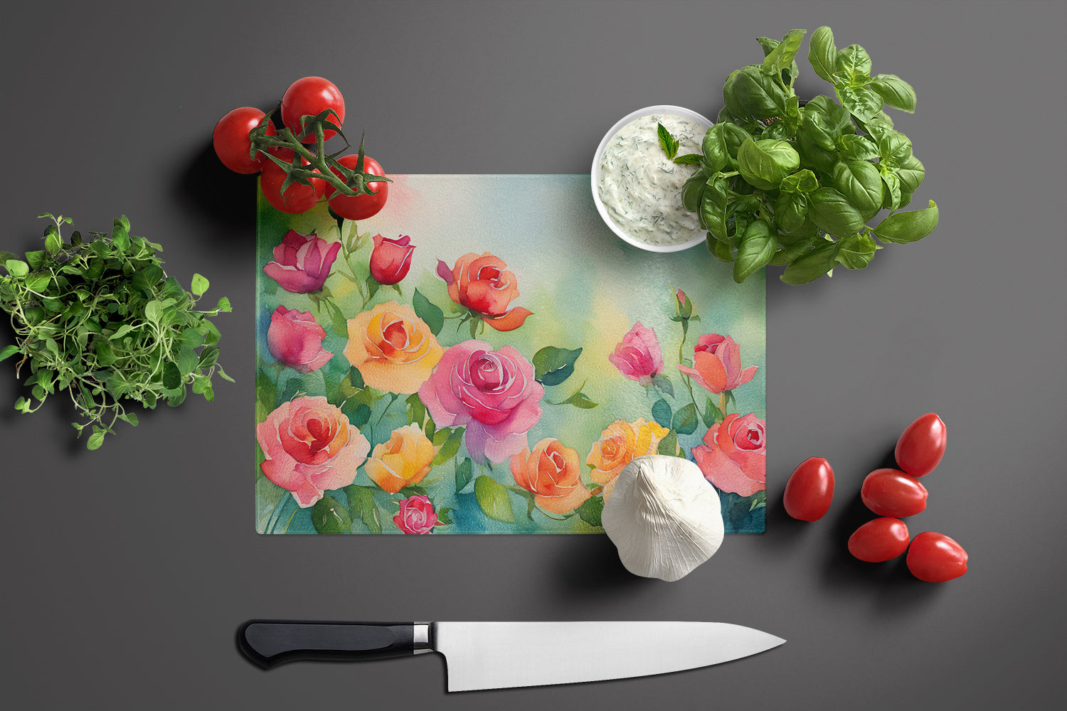 Roses in Watercolor Glass Cutting Board Large