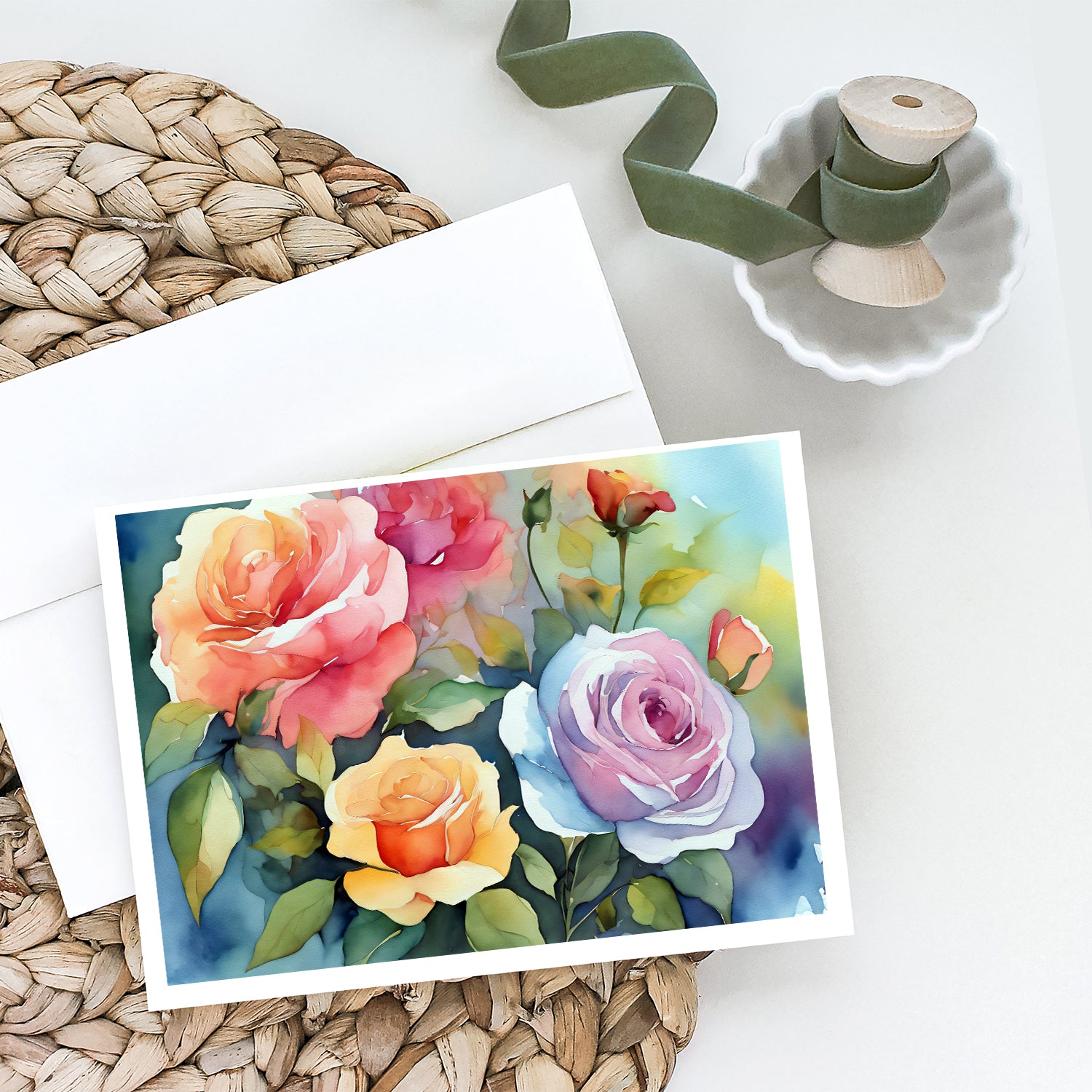Roses in Watercolor Greeting Cards and Envelopes Pack of 8