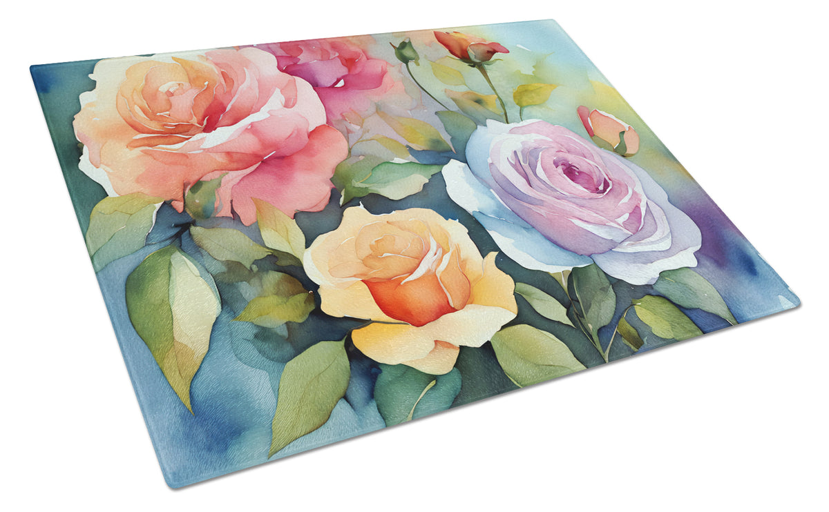 Buy this Roses in Watercolor Glass Cutting Board Large