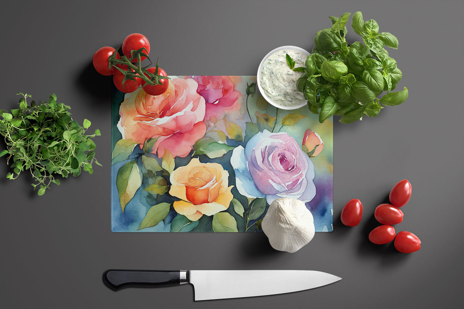 Roses in Watercolor Glass Cutting Board Large